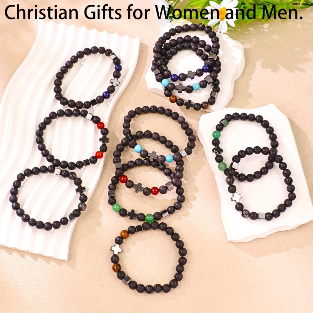 Natural Stone Beaded Christian Bracelet Set With Cross Charms