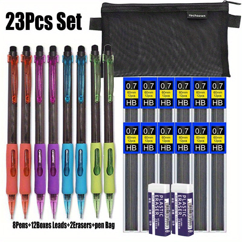 23 Piece Mechanical Pencil Set 0.5mm And 0.7mm Side Press Includes 8 Pencils 12 HB Lead Refills 2 Erasers And Pen Bag