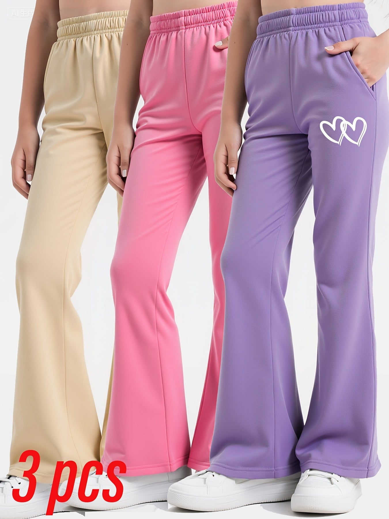 Three Piece Set Girls Flared Pants With Heart Design And Fleece Lining