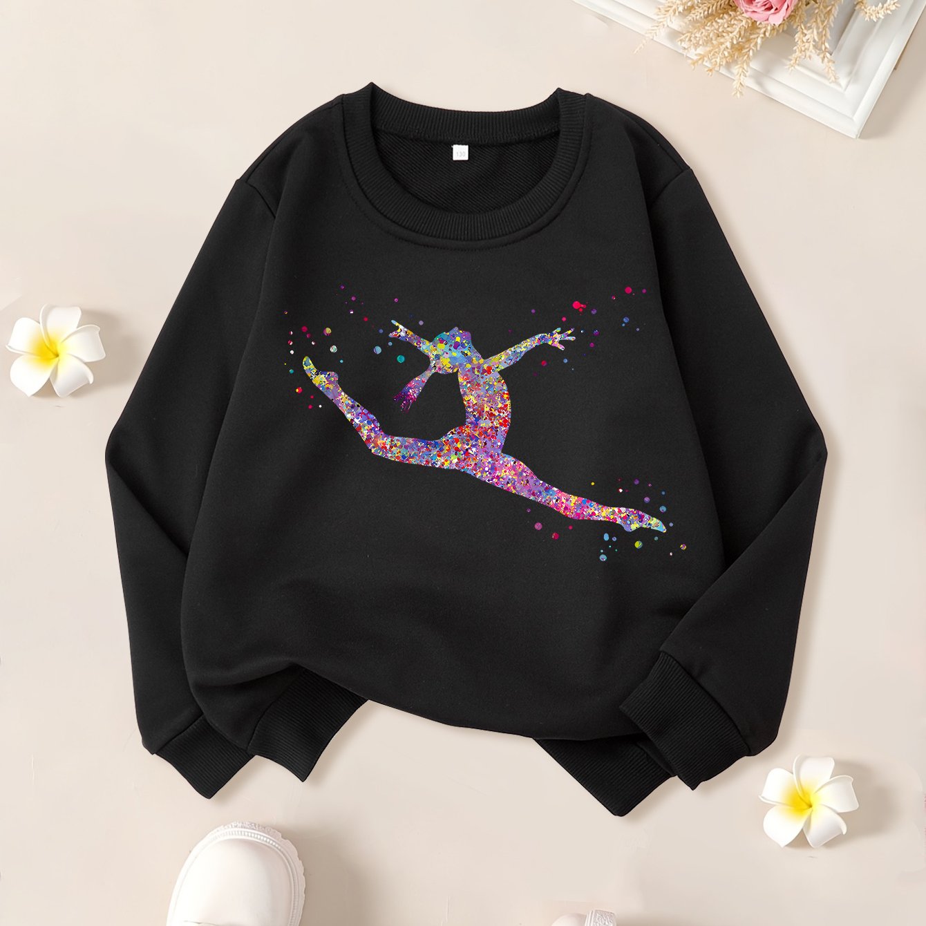 Girls' "Watercolor Gymnastics Girl" Graphic Print Sweatshirt - Black Long Sleeve Crew Neck Casual Top with Colorful Dancer Design, Perfect for Fall & Winter Wear, Gymnastics Apparel | Playful Graphic Sweatshirt | Comfortable
