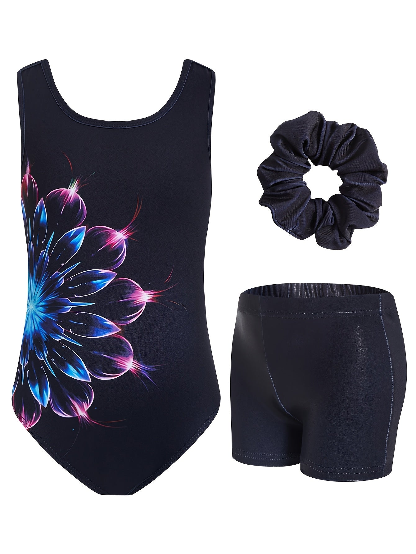 3pcs Girls' Gymnastics Leotard & Shorts Set with Hair Scrunchie - Shiny Gradient & Glittery Cross-Back Dance Outfit, Quick-Dry Spandex/Brittle-like Suit for Tumbling, Ballet, Rhythmic Gymnastics (Ages 3-12) - Multi-Color Opti