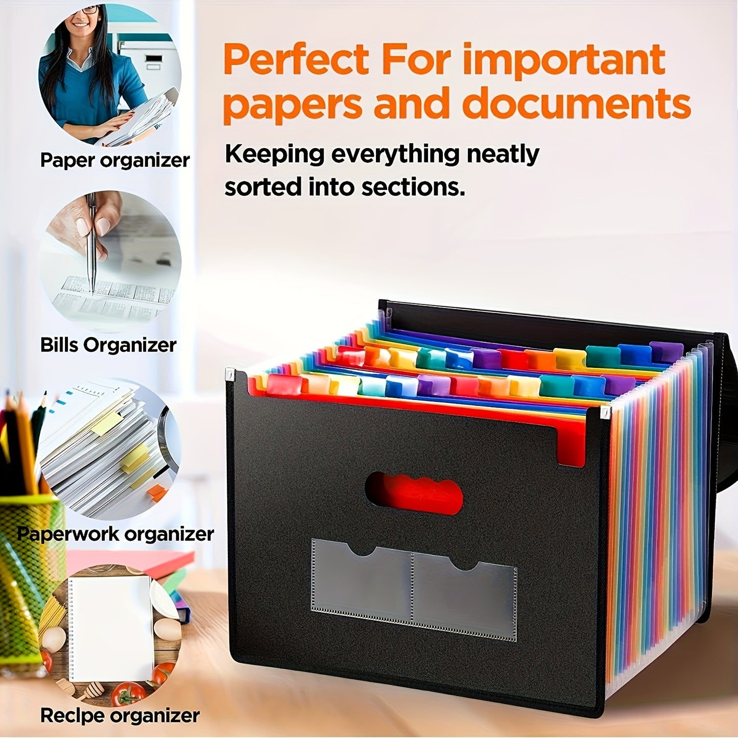 2 Pieces 24 Pockets A4 Accordion Folder 24 Grids Multi Functional Flip File Storage Bag For Office And School