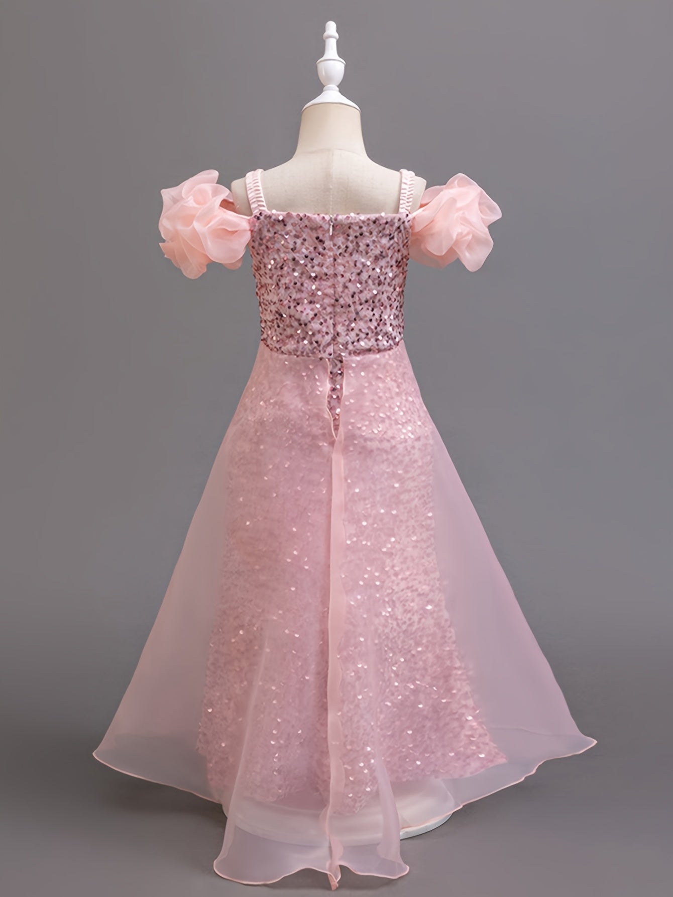 Girls Princess Gown With Off-Shoulder Puff Sleeves Tulle Train