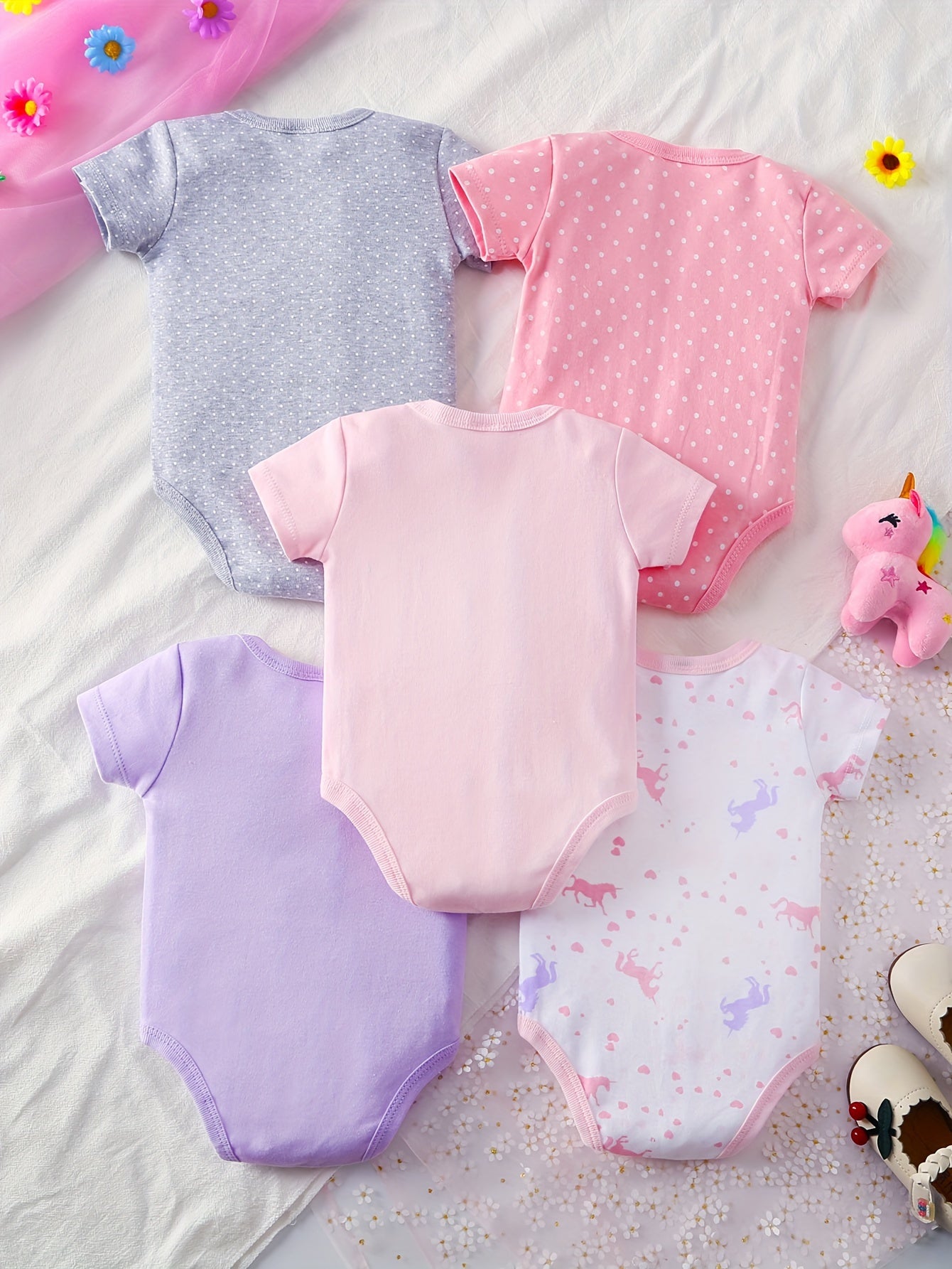 5 Piece Set Baby Girl Cartoon Triangle Onesie Crawling Suit All Season Cotton Machine Washable Cute Outdoor Wear