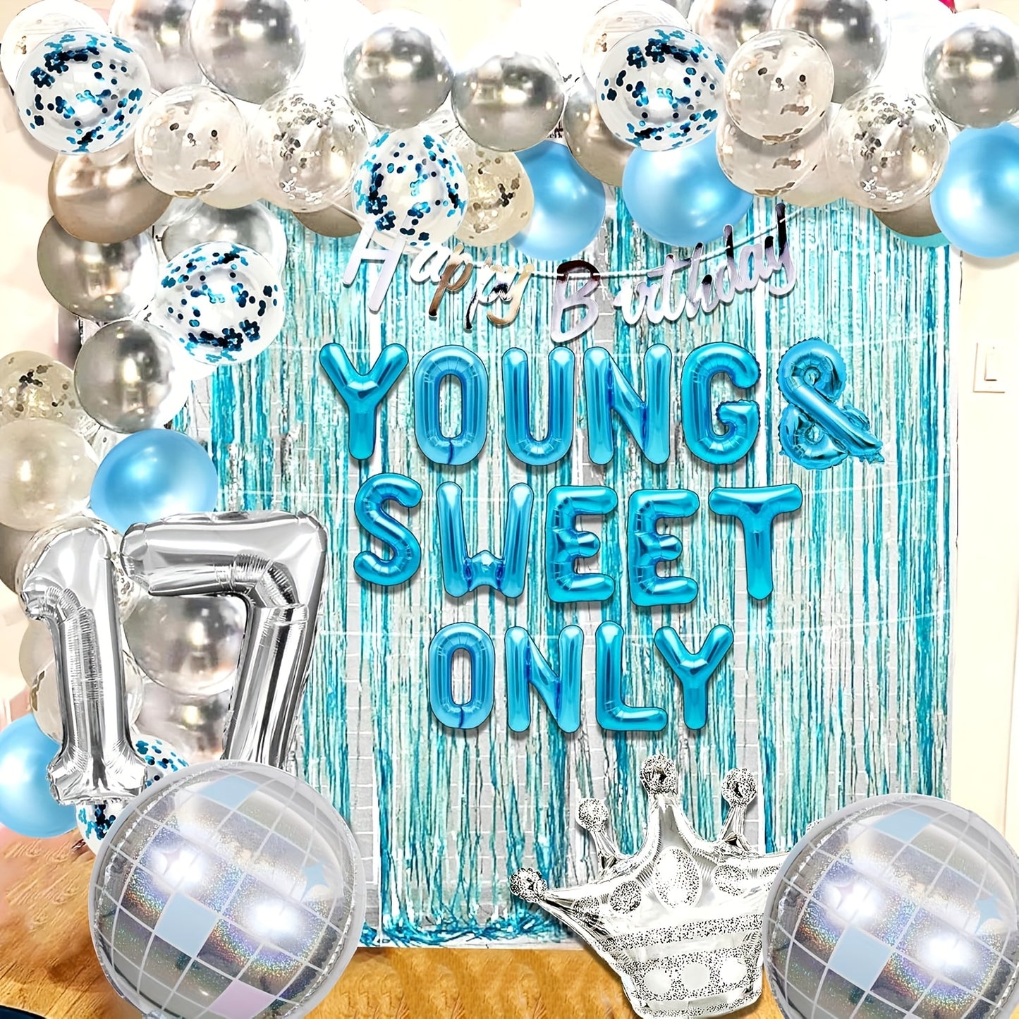 LaVenty 26pcs Silvery Blue Youthful and Sweet Birthday Decorations, Youthful and Sweet Banner with Dancing Queen, Disco Balloons in Rose Golden, Birthday Banner with Crown Queen Balloons