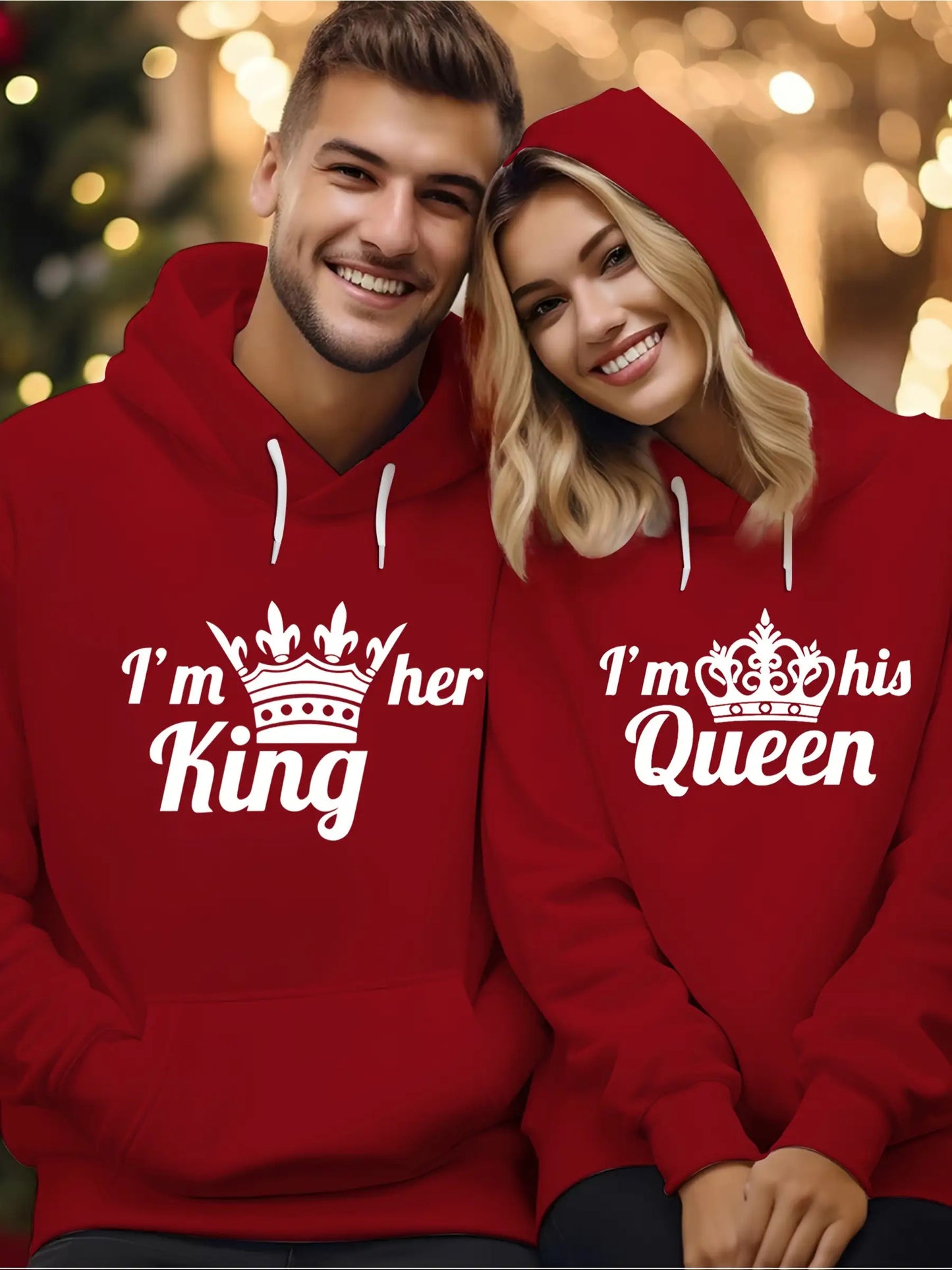 Men's Plus-Size "I'm Her King/His Queen" Couples Sweater - Double-Sided Printed Matching Outfits, Soft Blend Fabric, Loose-Fit Hooded Pullover for Travel & Casual Wear, Machine Washable (Red/White Text) - Valentine's Day Gift