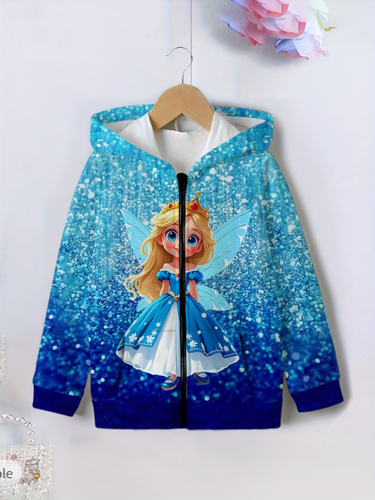 ' Sparkling Ice Princess Glitter Hooded Jacket with Full-Body Snowflake Print, Full-Zip Winter Coat, Long Sleeve Casual Outerwear for Christmas & New Year'S Parties - Cozy Warm Winter Clothing for, Girl Clothe, Winter Clothe