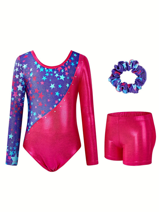 Girls Gymnastics Leotard, 3-12 Years Long Sleeve Glitter Dance Leotard with Shorts Ballet Tumbling Set