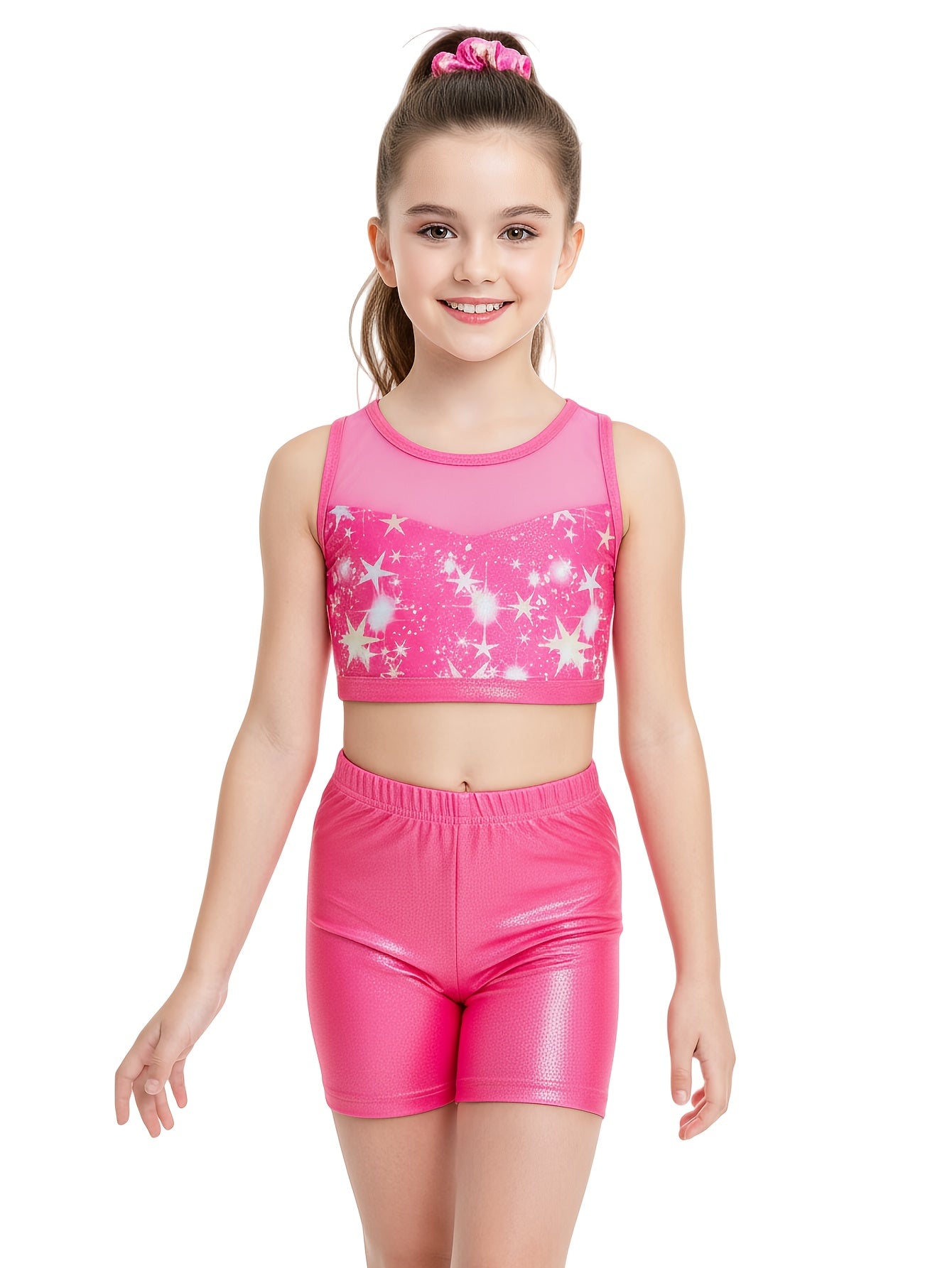 3pcs Sleeveless Gymnastics Leotards, Mesh Spliced Neckline Ballet Tumbling Outfit for Girls with Shorts And Hair Tie, Crisscross Mesh Back Kids Ballet Dancewear, Athletic Outfit for Ages 3-12, Perfect for Outdoor