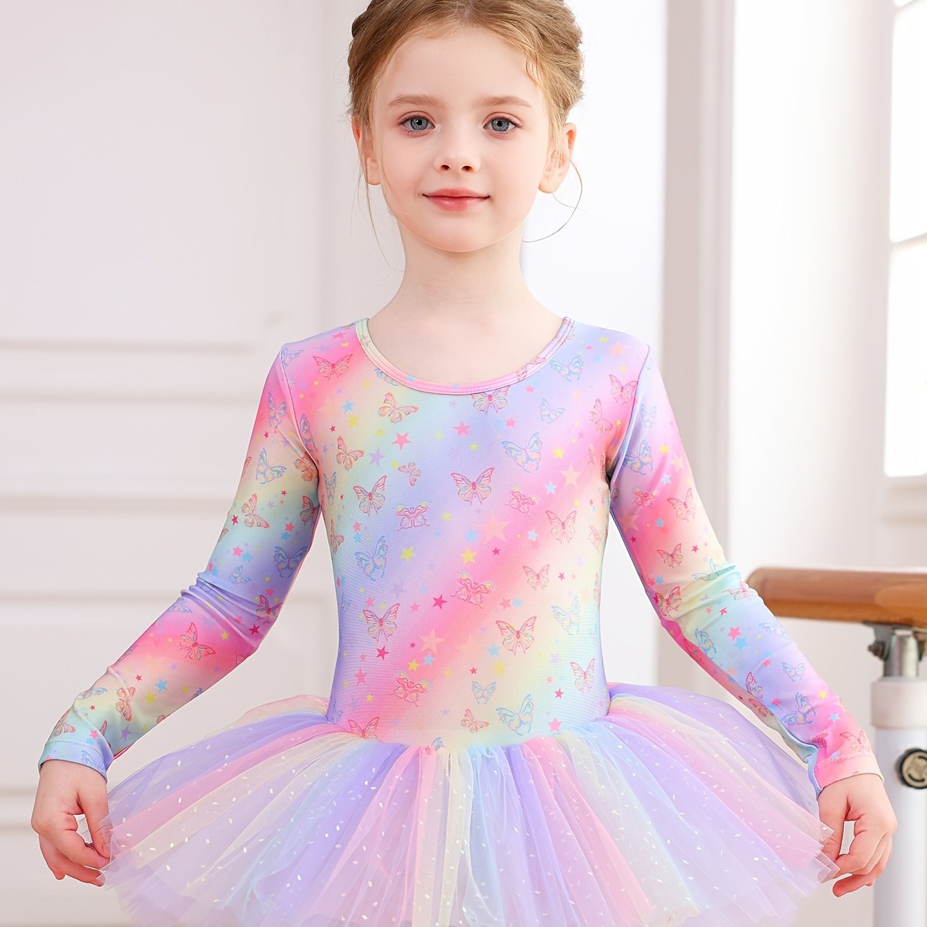 Christmas Gift Girls' Outfit - Long Sleeve Star Rainbow Butterfly Print One-Piece Tulle Puffy Dress, Non-Detachable Fall Ballet Gymnastics Leotard For Daily Wear, Birthday Party, Dance Performance, Outdoor Sports