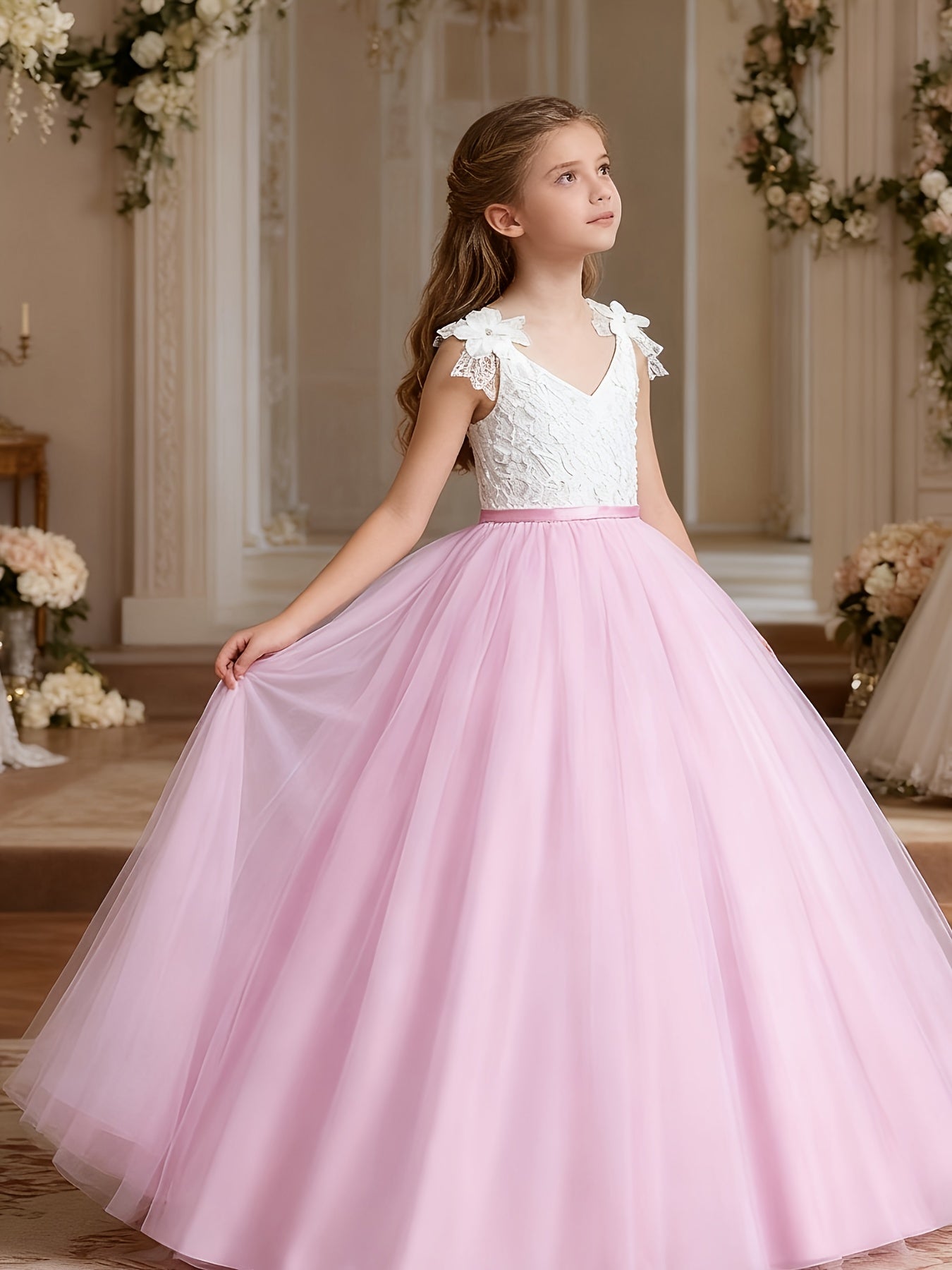 Girls Princess Style Jacquard Ball Gown With 3D Floral Embellishments