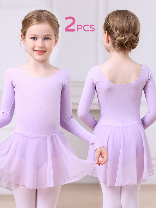 Christmas Girls 2pcs Long Sleeve Bodysuit & Tulle Skirt Set - Ballet Leotard Outfit