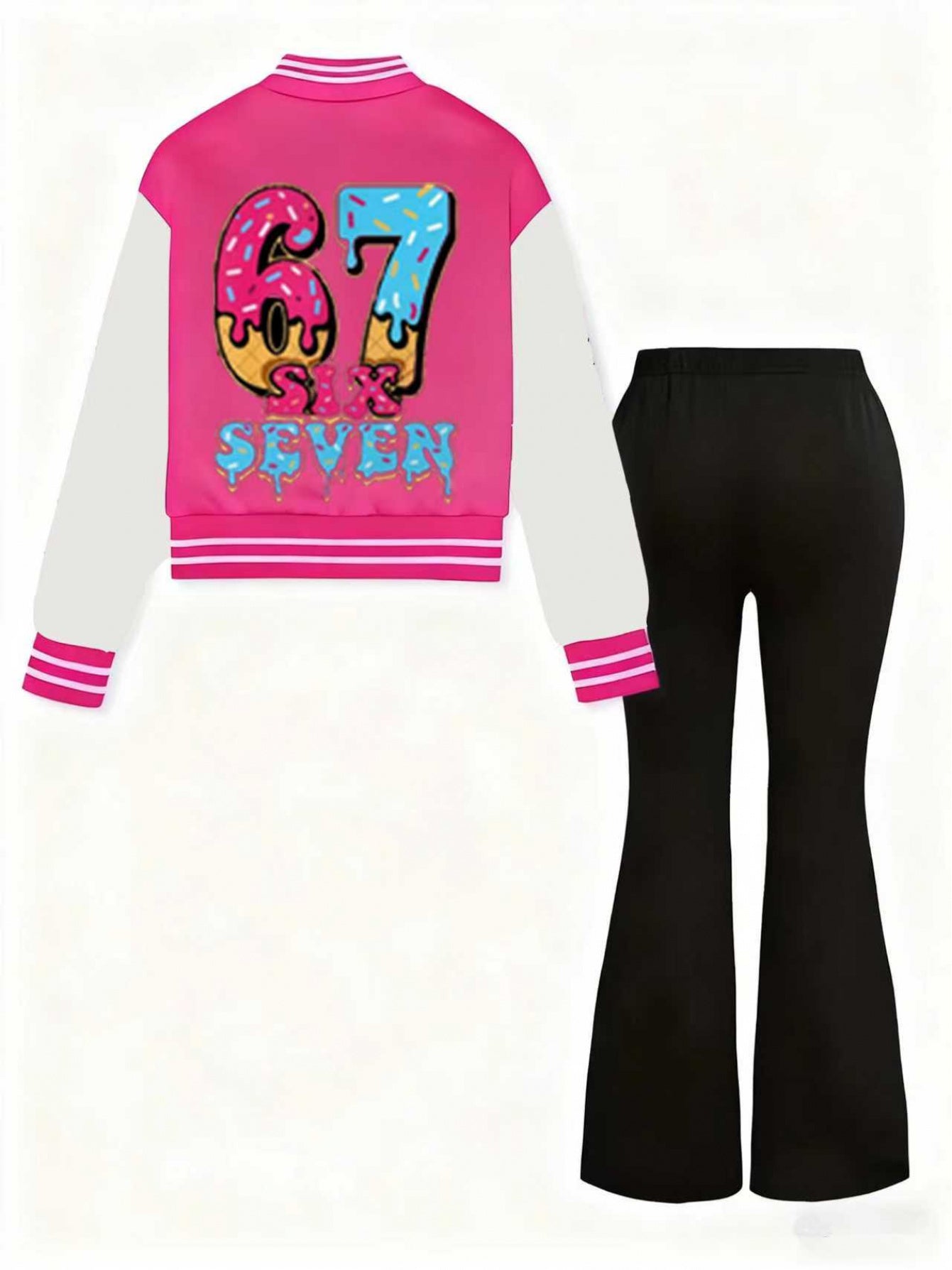 2pcs set, girls' jacket and flared pants set, 3-12 years old, autumn and winter, colorful, number 67, 3D printing, polyester blended with spandex fabric, K-pop style, suitable for holiday parties, creative gifts, daily casual