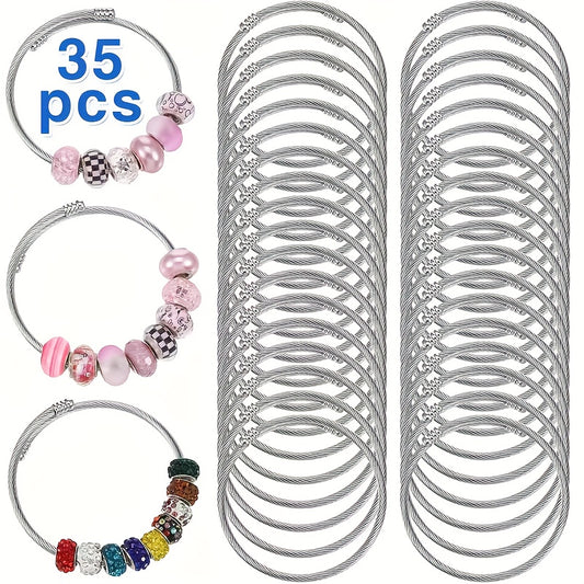 35pcs Silvery Snake Pendant Charm Bracelets - Adjustable Stretchable Elastic Bangle Style Stainless Steel Material, Perfect for DIY Jewelry Making Supplies Suitable for Women And