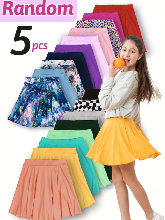 5pcs Girls' Stretchy Soft Skort Set - Vibrant & Comfy Polyester/Spandex Blend, Elastic Waist Casual Skirts With Large Swing - Perfect For Spring/Summer Playdates - Assorted Colors & Patterns