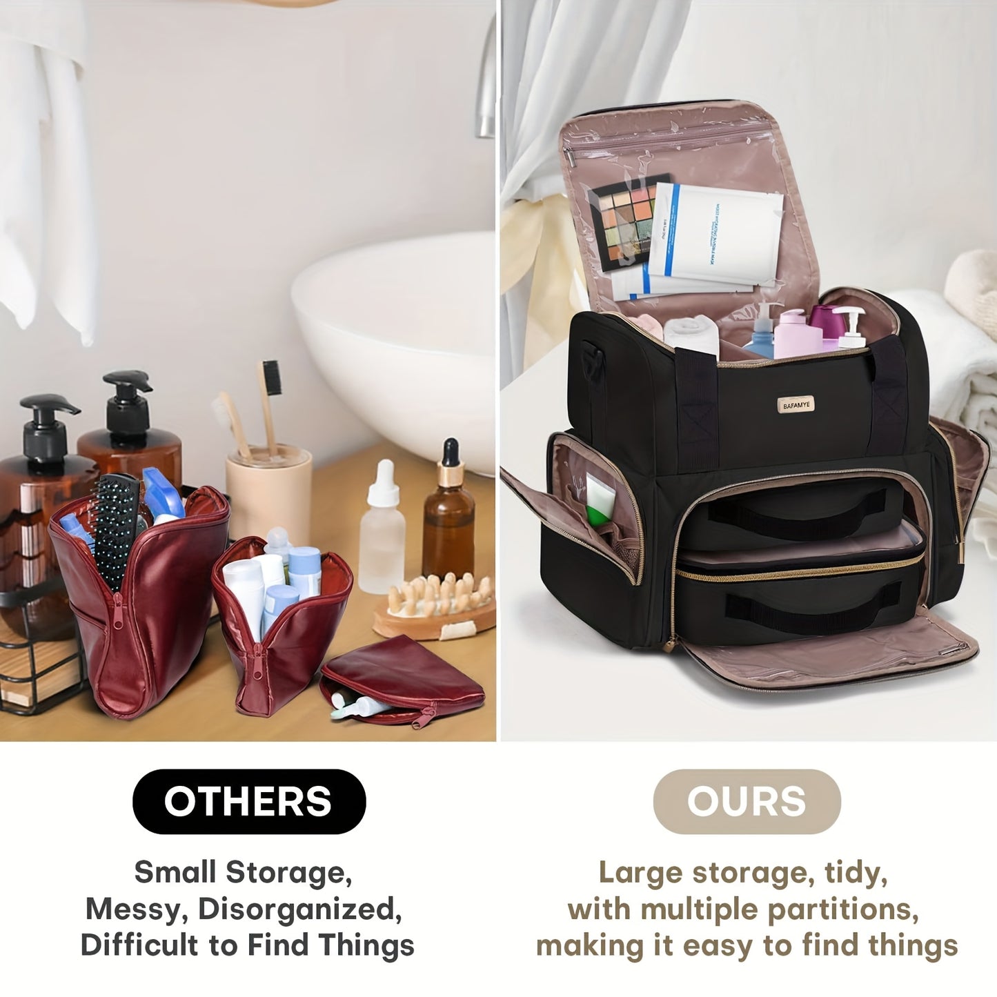 Large High Quality Travel Makeup Organizer Bag for Women - 2 Removable Cosmetic Cases, Double Layer Toiletry Bag with Multiple Compartments, Durable Polyester, Black with Golden Accents, Sleek Stylish Design | Easyaccess Hand