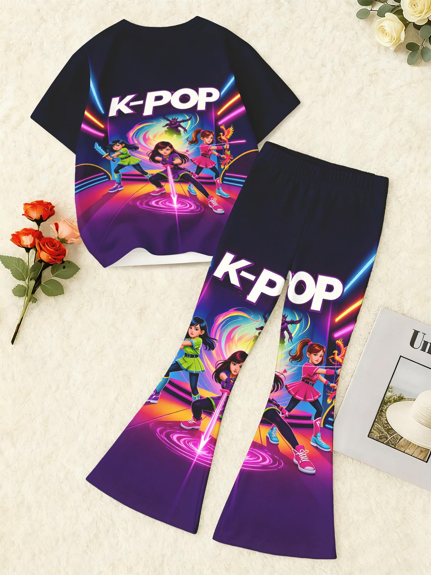 Girls K Idol Group Outfit Set 2 Pieces T Shirt and Flared Pants Breathable Casual Wear for K Drama Themed Outfits