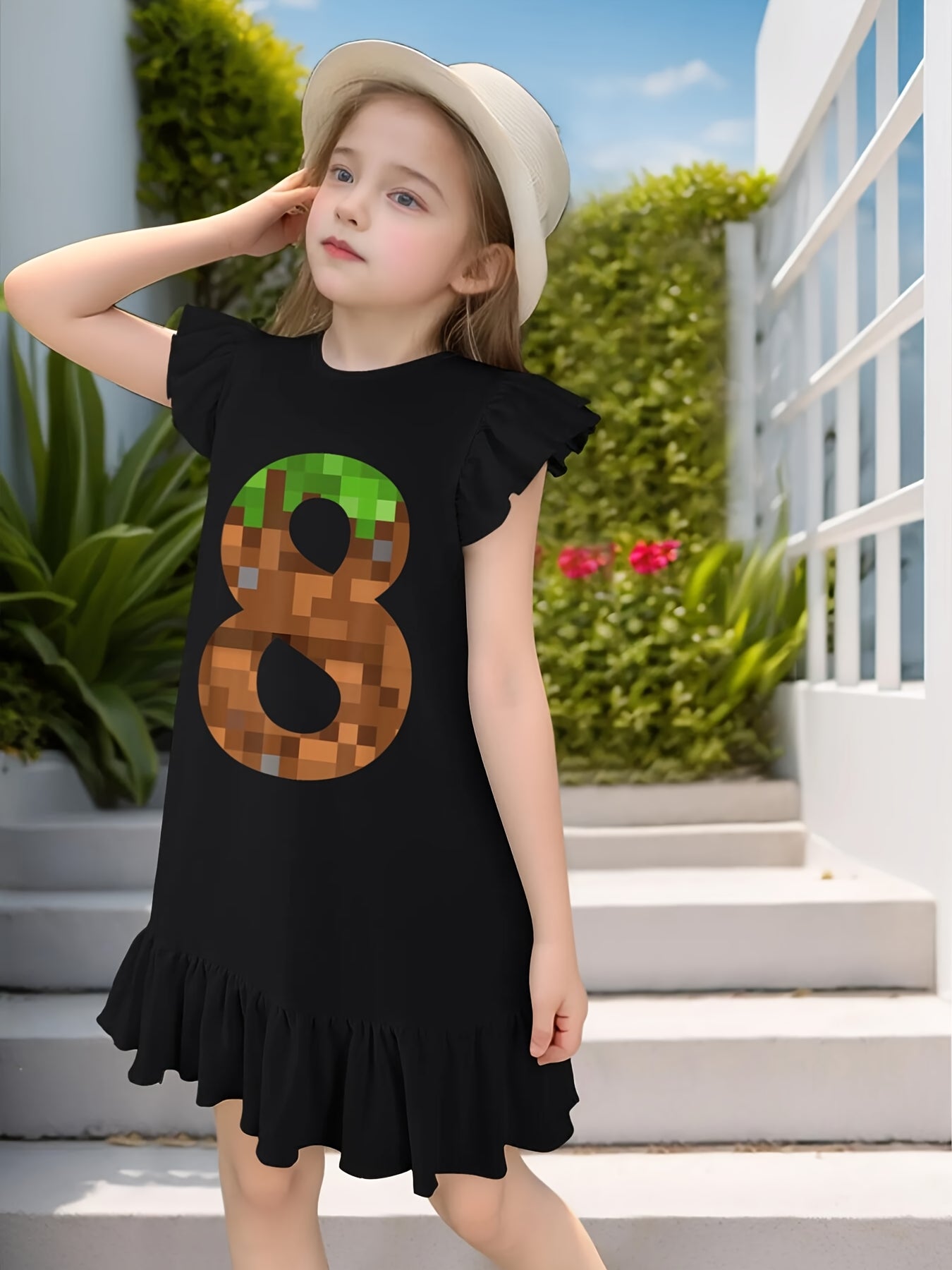 Pixel 8yr Birthday Number Eight 8 Year Old 8th Video Gamer Dress with Flutter Sleeves - Sleeveless Dress for Girl Kid