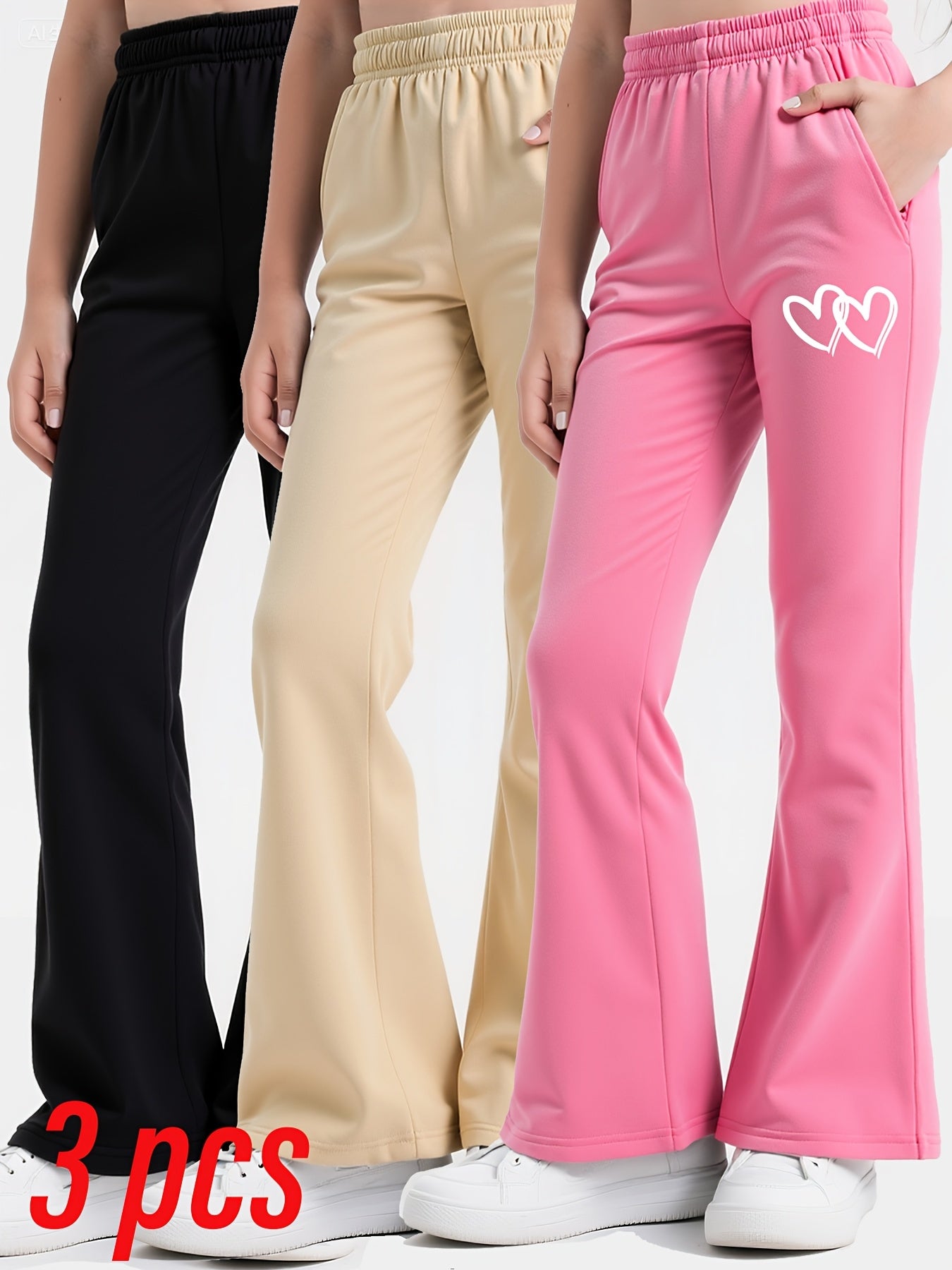 Three Piece Set Girls Flared Pants With Heart Design And Fleece Lining