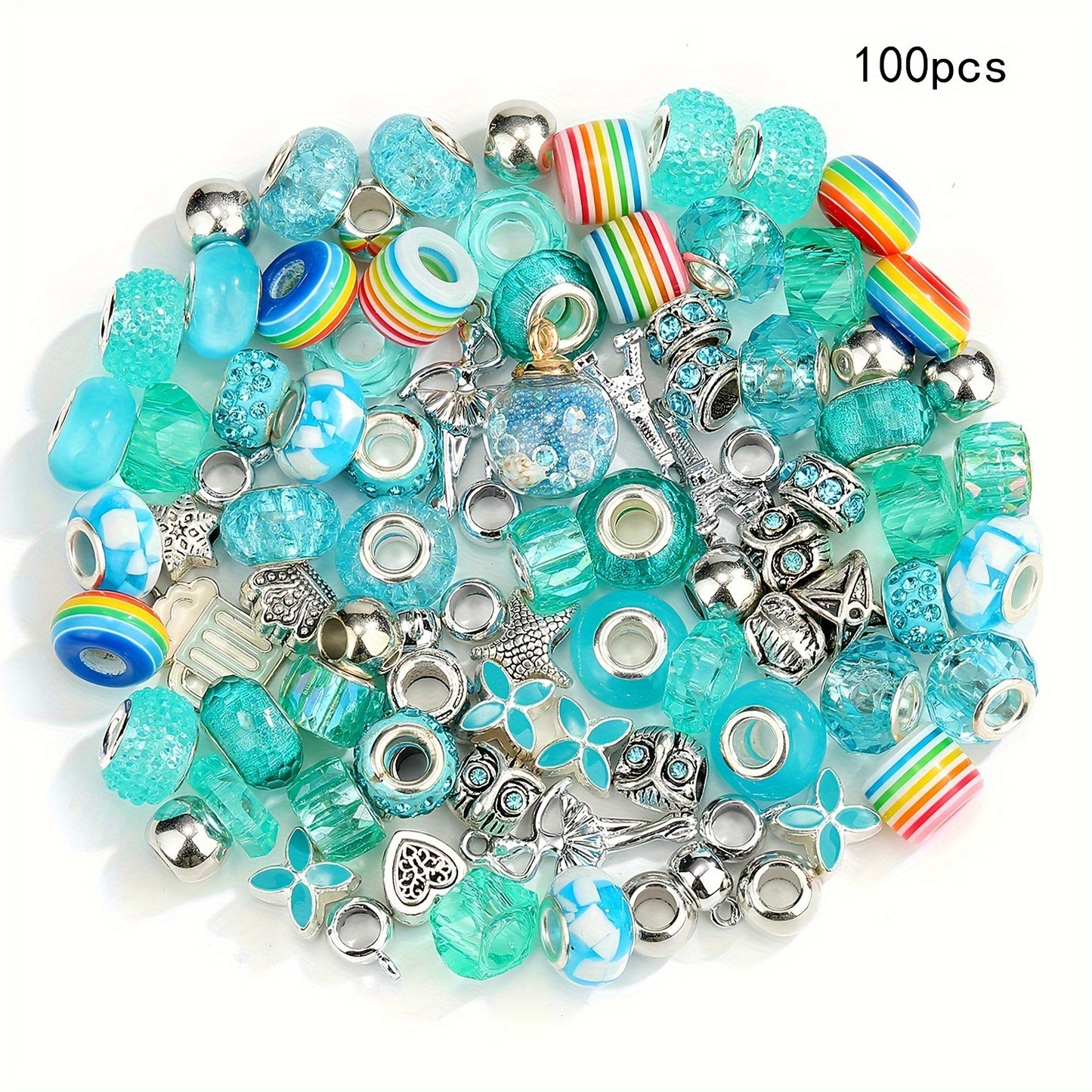 100 Pcs Large Hole Acrylic and Alloy Bead Set with Flowers Hearts Stars Bows Charms Rainbow Colors for Jewelry Making