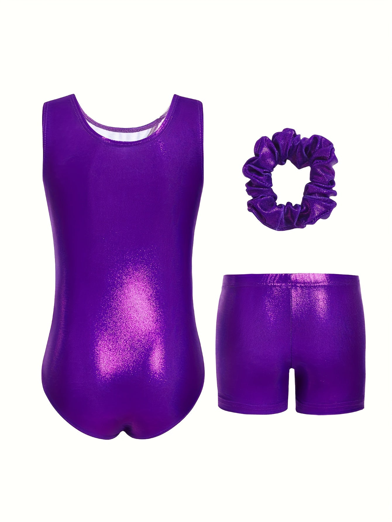 Girls Rhinestone Gymnastics Leotard Shorts Hair Tie Set 3 Piece