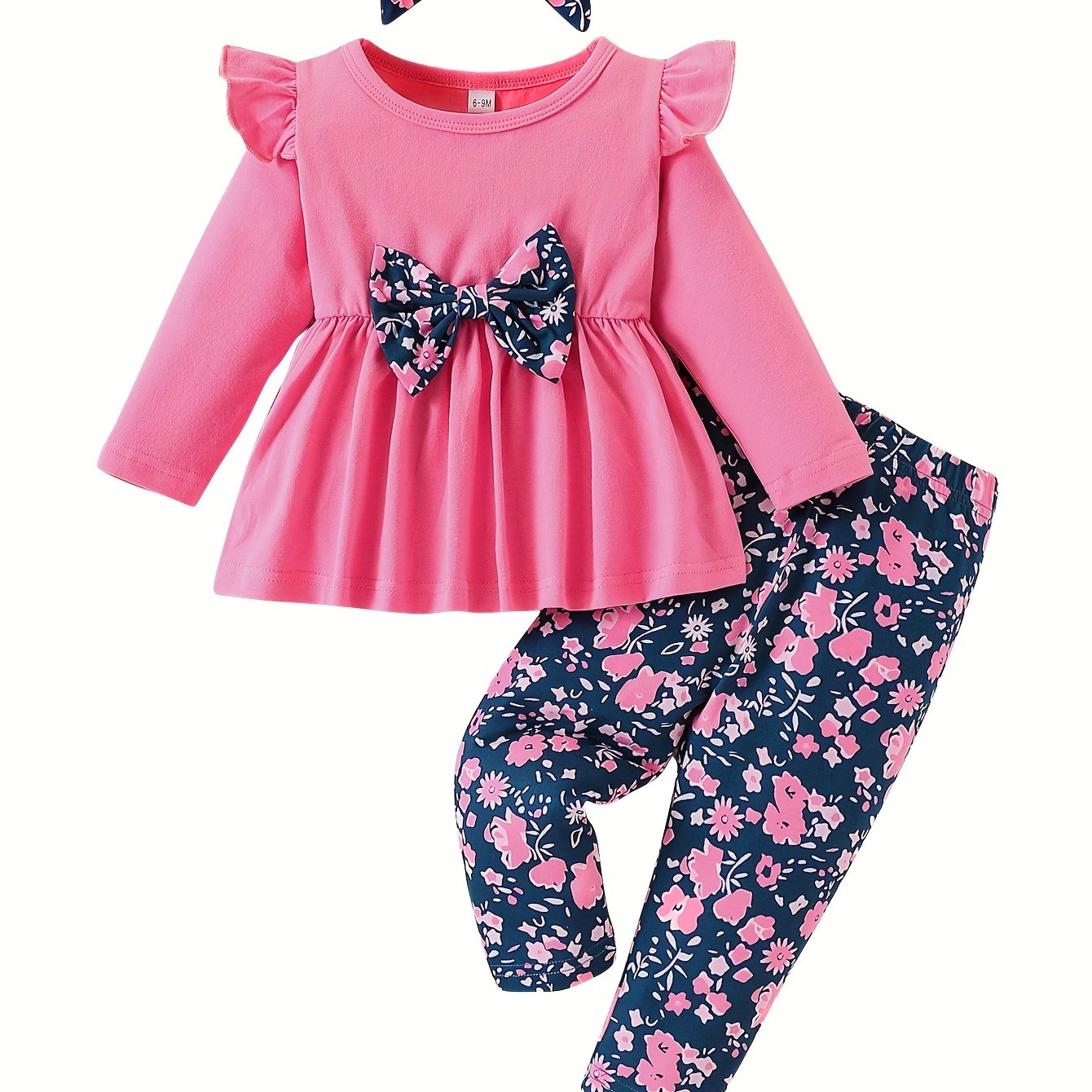 Toddler Baby Girls Clothes Set 3pcs Floral Soft Crewneck Long Sleeve Top+Pants Outfits With Headband, for Outdoor