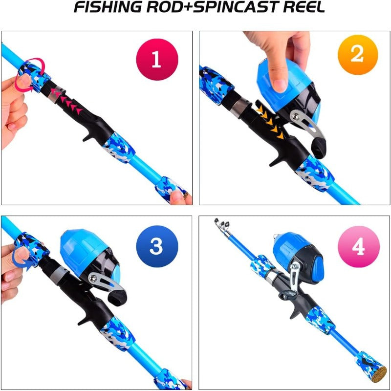 Fishing Rod and Reel Combo with Soft Bait Set, Collapsible Telescopic Pole, Pre- Line & Push Button Reel - Complete Fishing Kit for & Ages 6-10, Lightweight Portable Fishing Gear with Carry Case, Hooks, Swivels &
