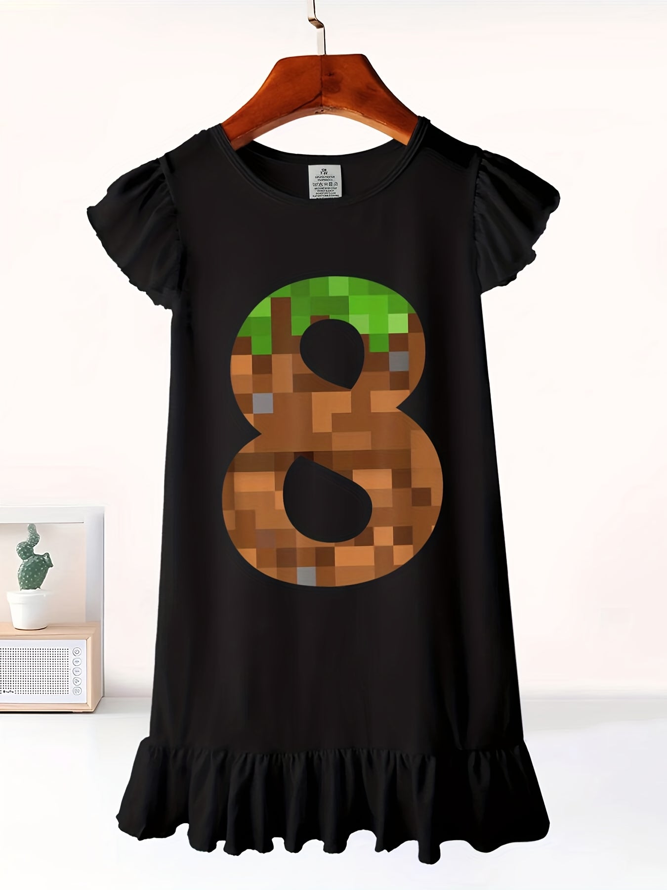 Pixel 8yr Birthday Number Eight 8 Year Old 8th Video Gamer Dress with Flutter Sleeves - Sleeveless Dress for Girl Kid