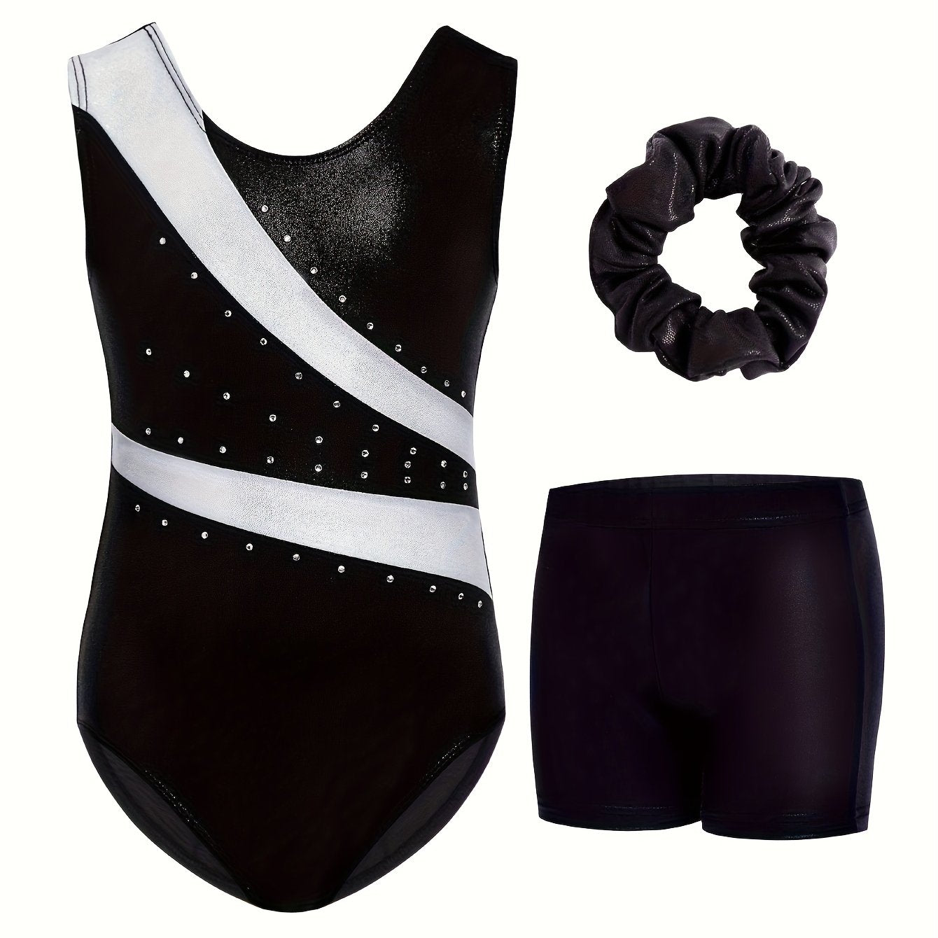 Girls Rhinestone Gymnastics Leotard Shorts Hair Tie Set 3 Piece