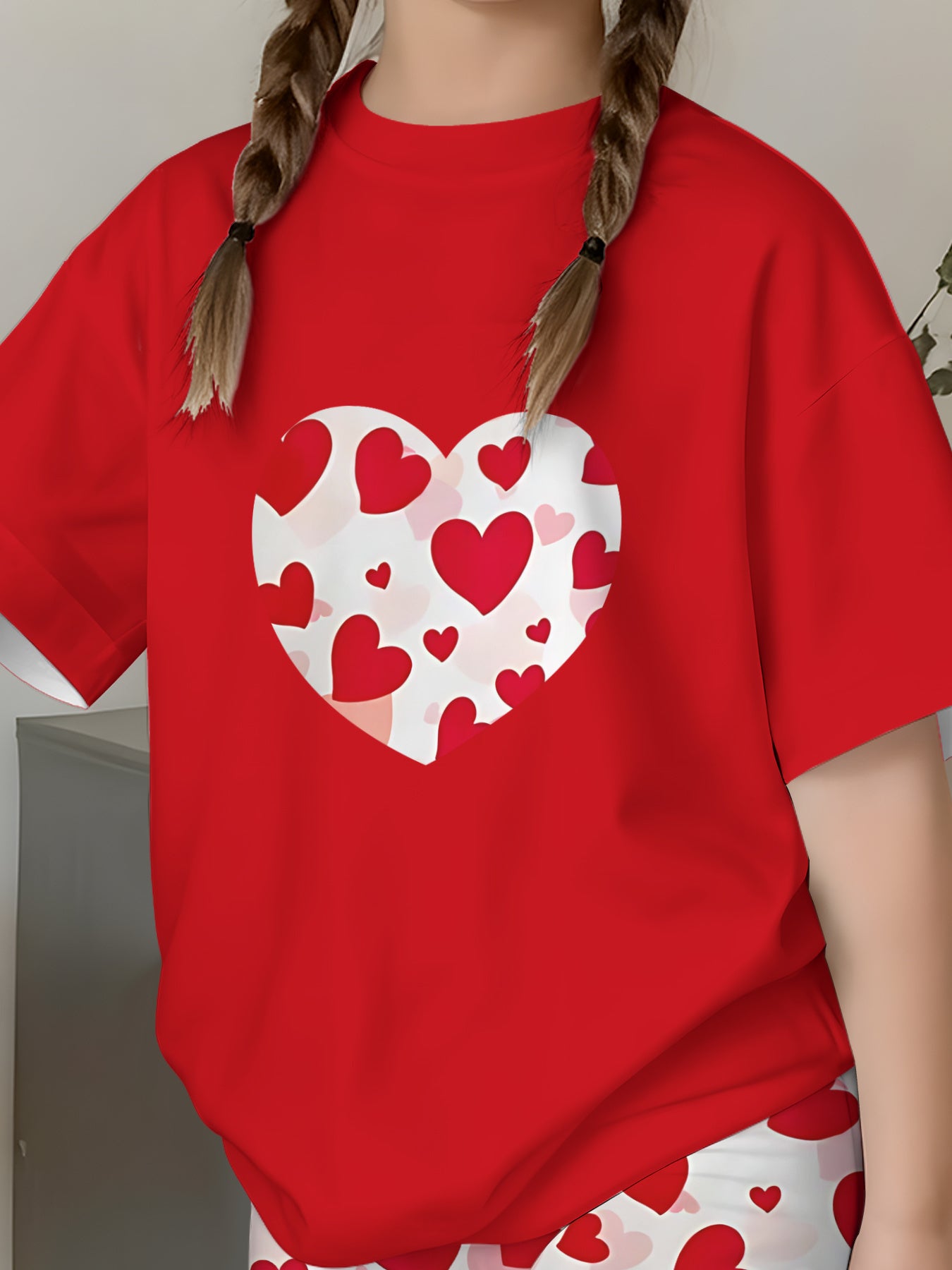 Girls Fashion Shorts Set With Heart Print For Outdoor Play
