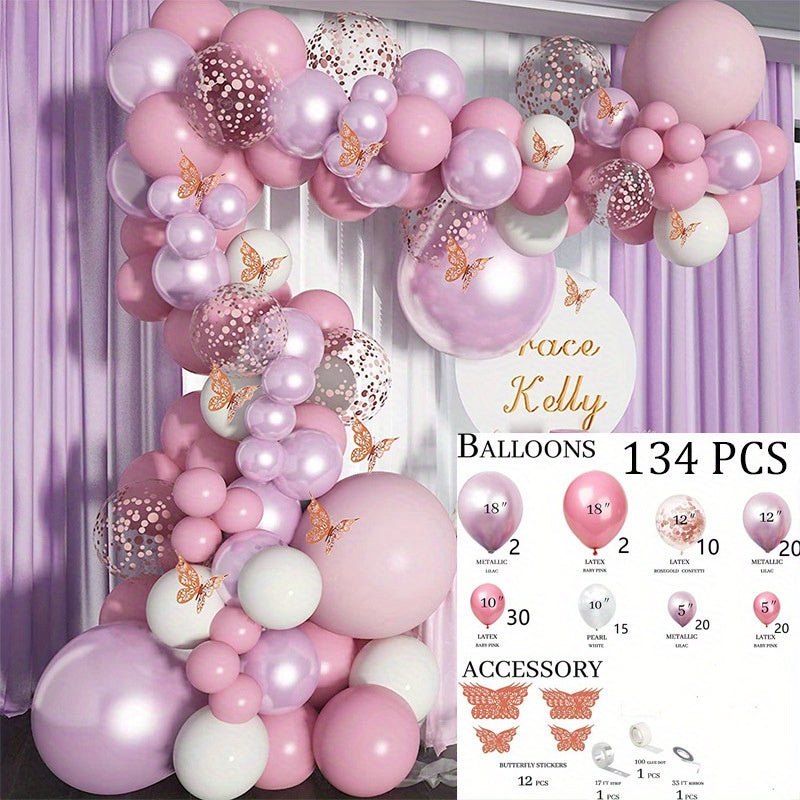 137 Piece Butterfly Series Purple Birthday Balloon Garland Set With Golden White Balloons And Happy Birthday Sign