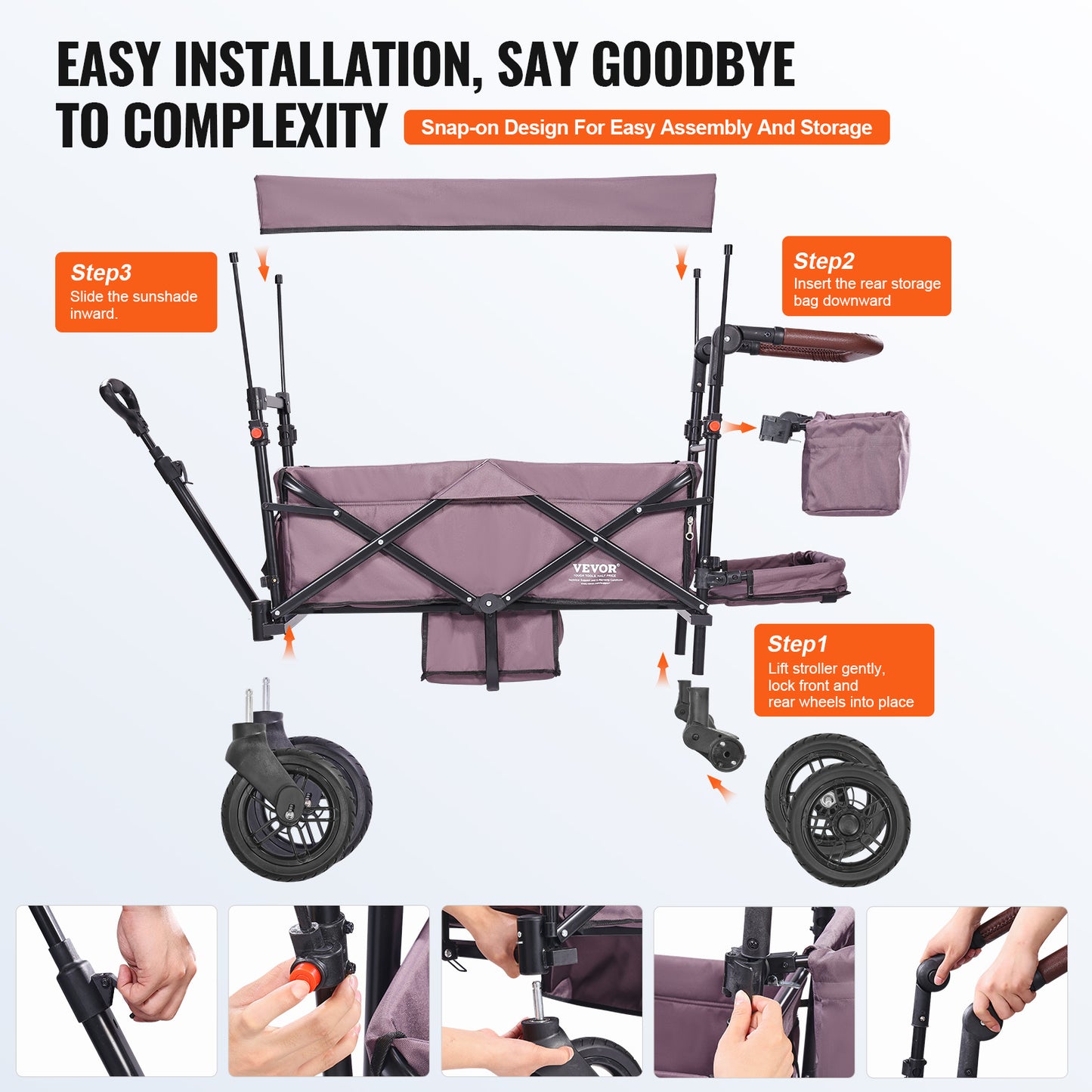 VEVOR Tandem Stroller For 2 Kids Adjustable Handle Canopy