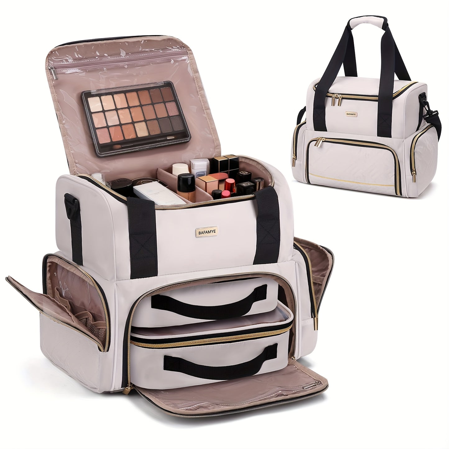 Large High Quality Travel Makeup Organizer Bag for Women - 2 Removable Cosmetic Cases, Double Layer Toiletry Bag with Multiple Compartments, Durable Polyester, Black with Golden Accents, Sleek Stylish Design | Easyaccess Hand