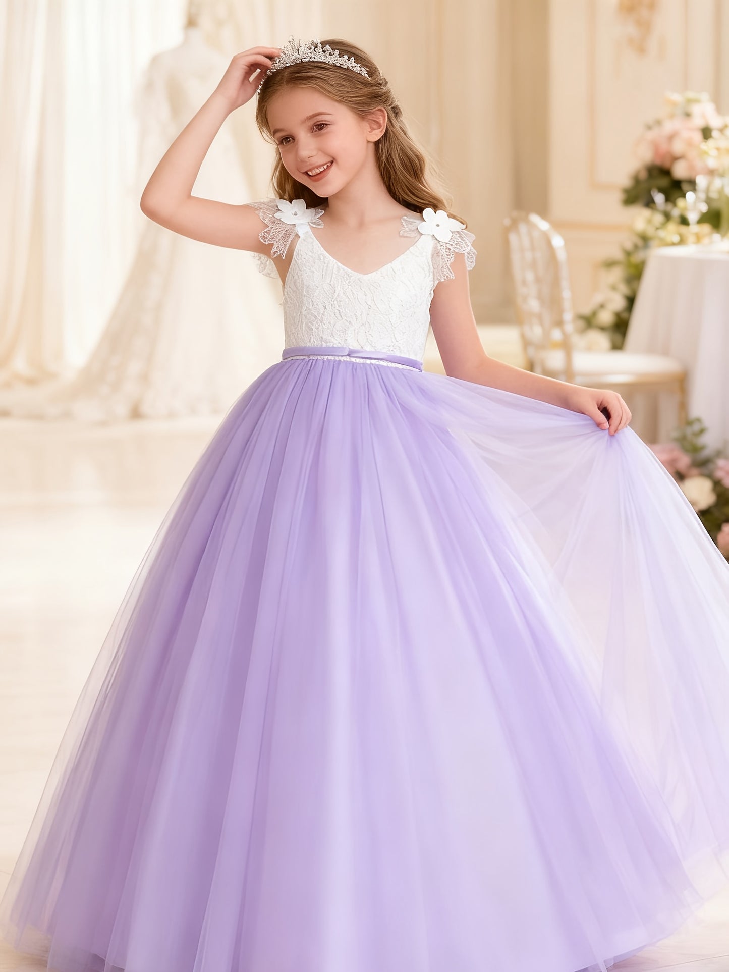 Girls Princess Style Jacquard Ball Gown With 3D Floral Embellishments