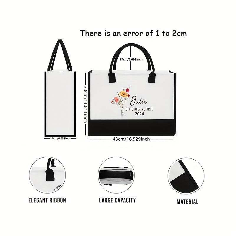 1pc Personalized Retirement Tote Bag - Custom Name & Date Floral Design Durable Polyester Beach Bag, Hand Washable Gift for Grandma, Retired Women, Retirement Party