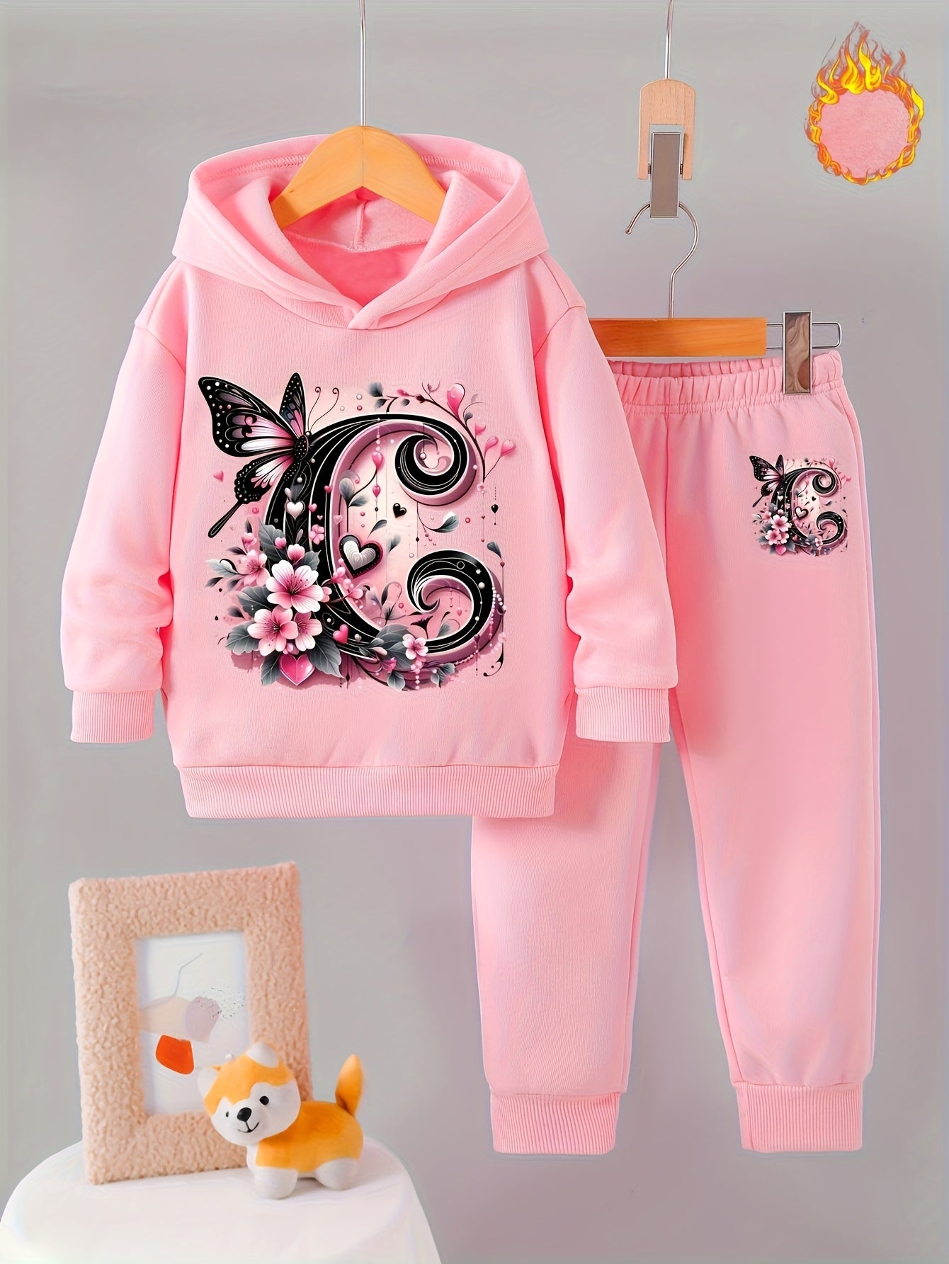 Toddler Girl Love Bear Print Hoodie Set, Autumn/ Winter, for Outdoor