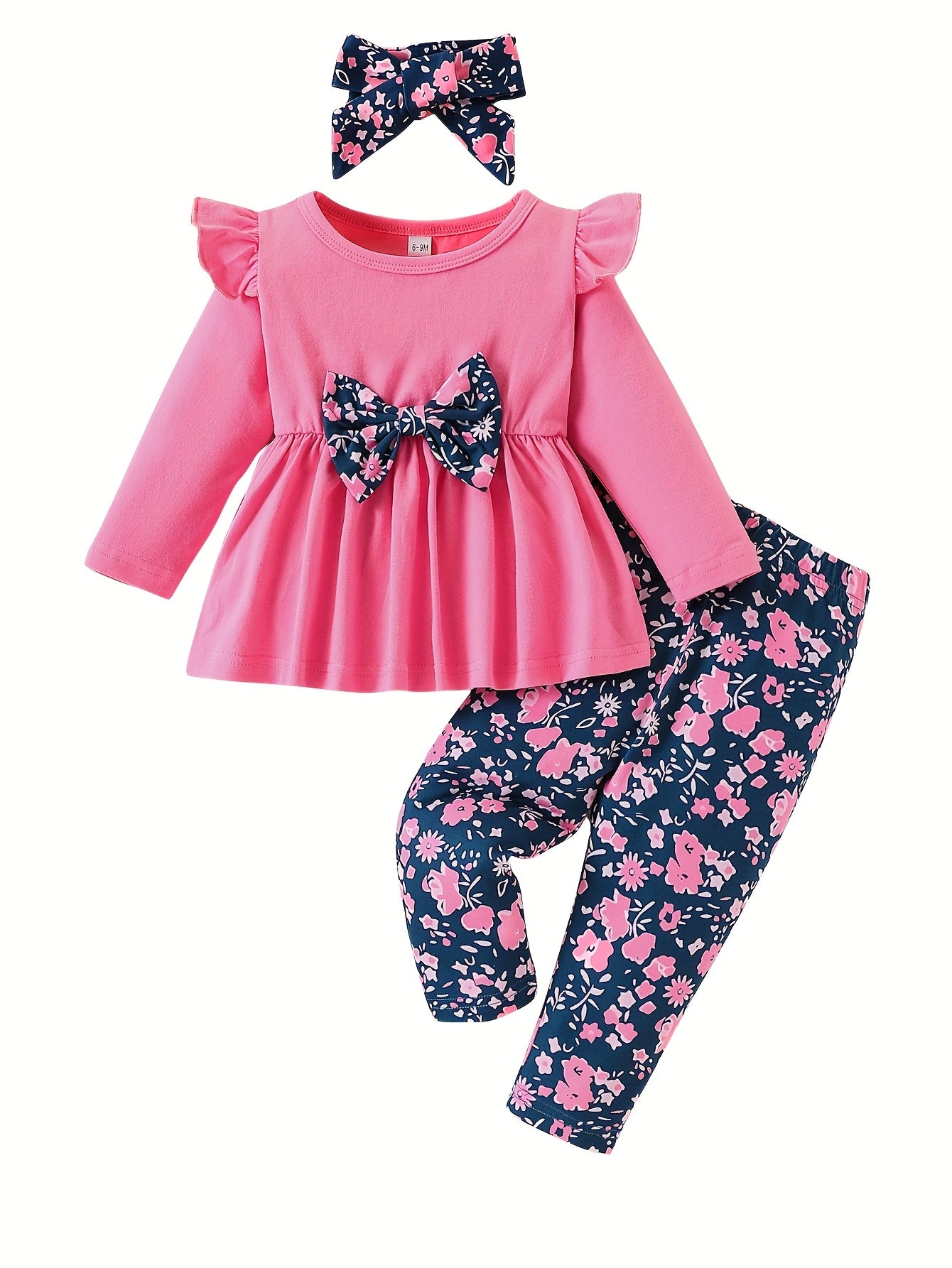 Toddler Baby Girls Clothes Set 3pcs Floral Soft Crewneck Long Sleeve Top+Pants Outfits With Headband, for Outdoor