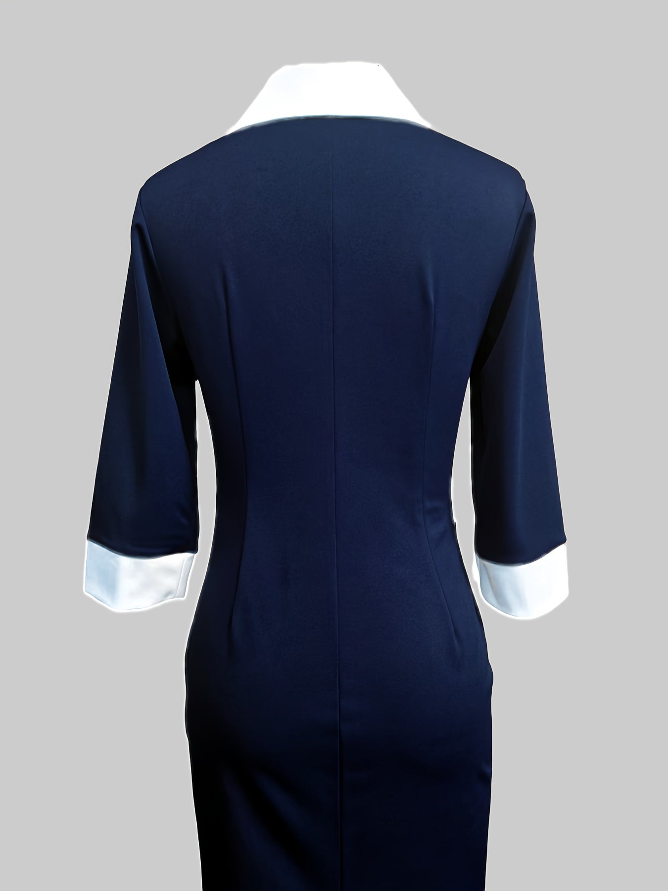 Women'S Elegant Navy Blue & White Contrast V-Neck Bodycon Dress - Three-Quarter Sleeve Knee-Length Formal Attire, X-Line Silhouette with Split Hem for Business, Weddings, Parties & Casual Attire - Spring/Fall Professional Out