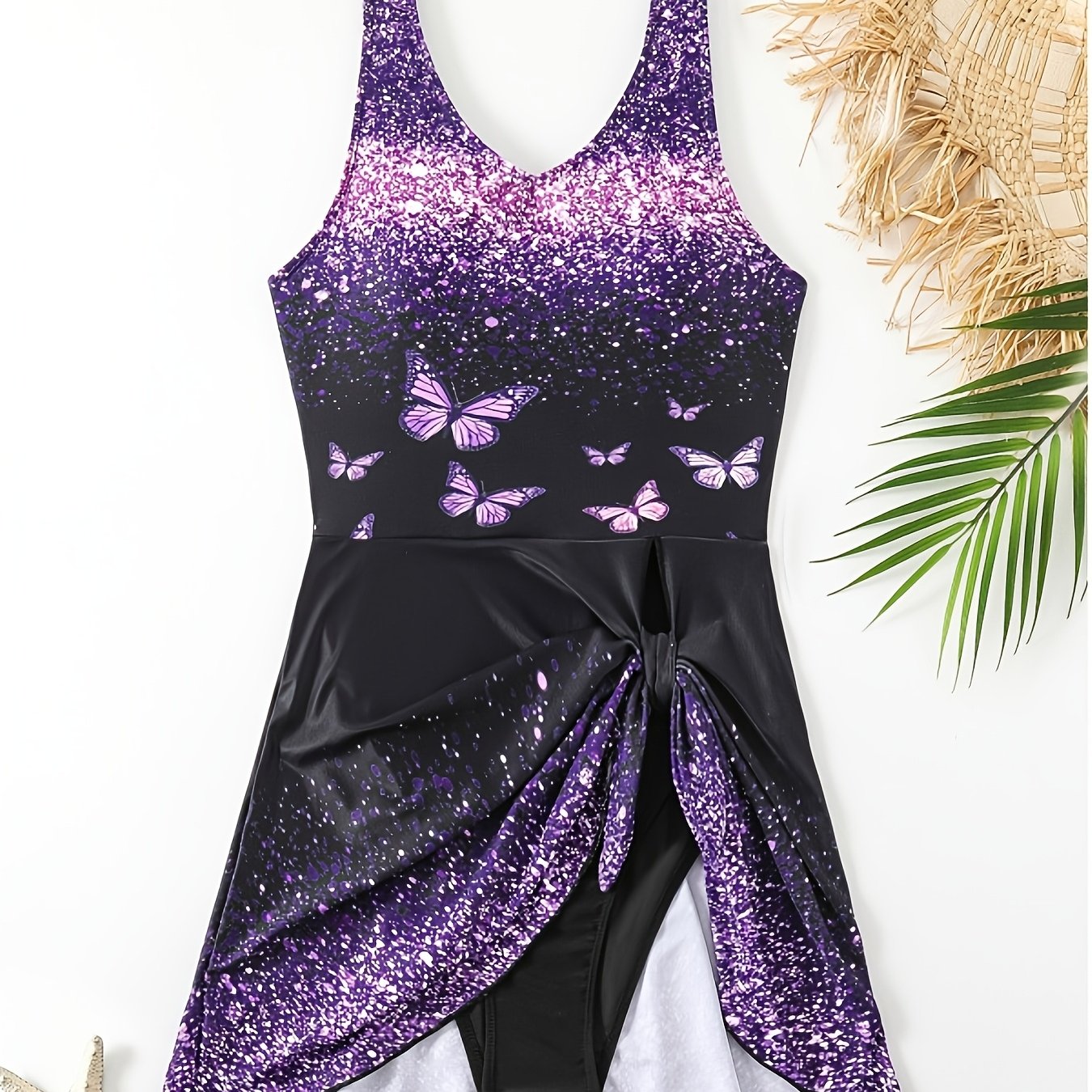 1pc Women's Elegant Skirted One-Piece Swimsuit - Sparkling Glitter Butterfly Tank Suit Suitable for Valentine's Beach/Pool Dates, Shapely Fit & Hand Washable Swimwear (Stock Available)