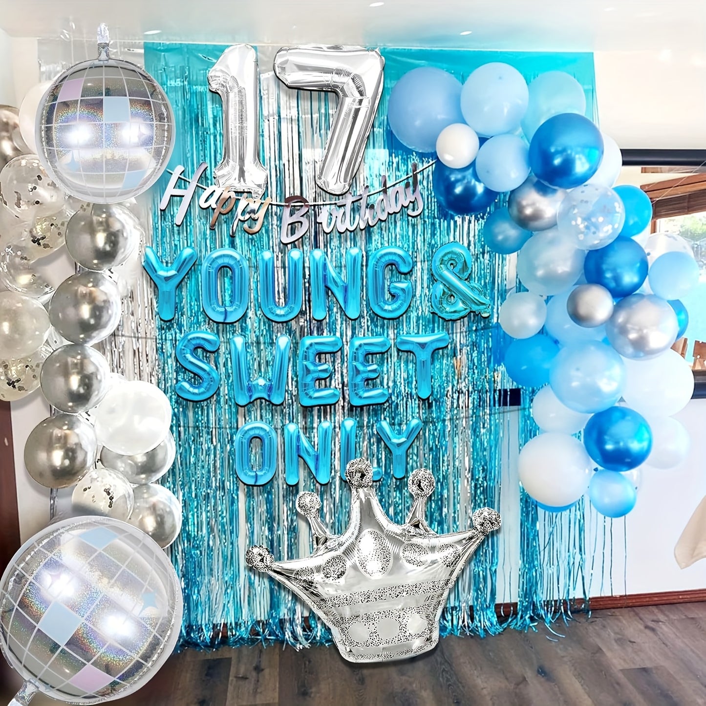 LaVenty 26pcs Silvery Blue Youthful and Sweet Birthday Decorations, Youthful and Sweet Banner with Dancing Queen, Disco Balloons in Rose Golden, Birthday Banner with Crown Queen Balloons