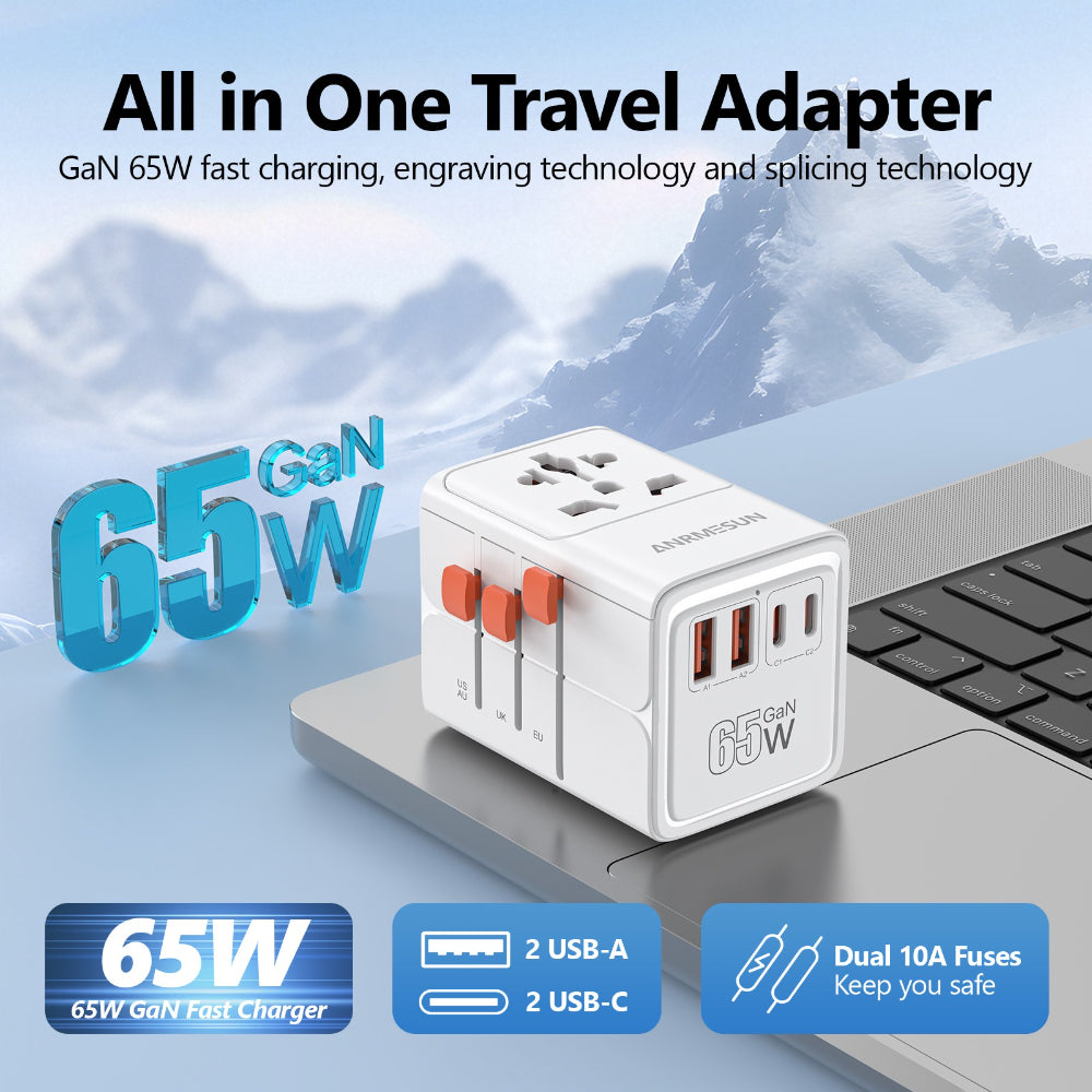 ANRMESUN 65W Travel Adapter with 4-Port USB Charger (2 USB-C) & Global Voltage 100-240V - Heavy Duty Power Adapter with US/EU/UK/AU Plugs, Compact Cube Design, Overload & Short Circuit Protection, Compatible with Europe, UK,