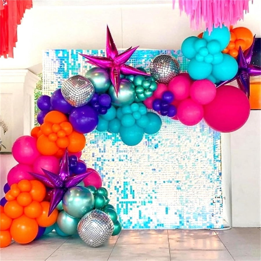 117pcs Balloon Arch Kit With 22 Inch Metallic Green And Hot Pink Purple Balloons Myra Star Foil Balloons 80s Party Decor