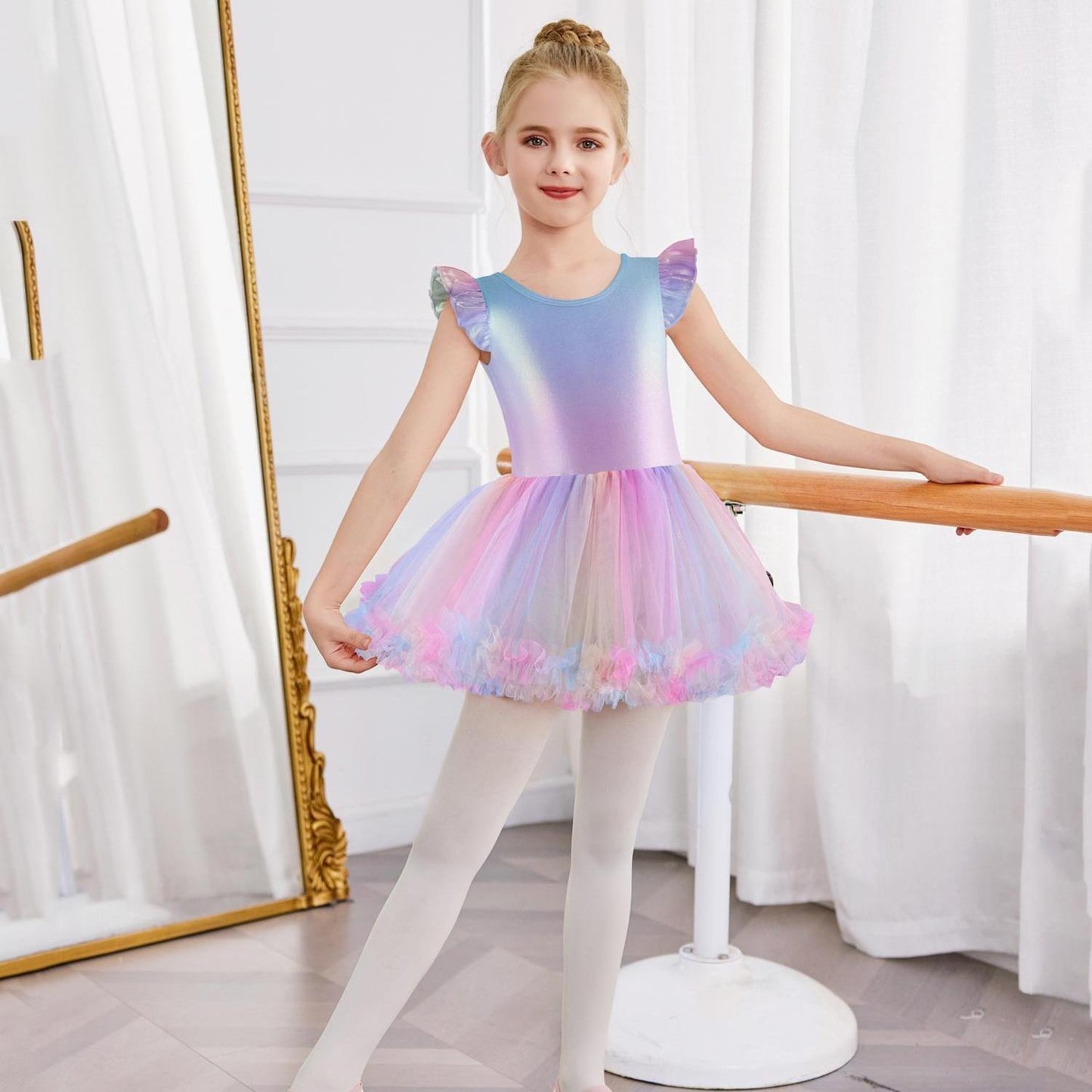 Girls' Ballet Tutu Dance Dress with Cross-Back Design & Ruffled Sleeves - White A-Line Leotard for Ballet, Gymnastics, Recitals - All-Season Comfort, Round Neck, Solid Color, Ballet Dress, Gymnastics Attire, Elegant Dancewear