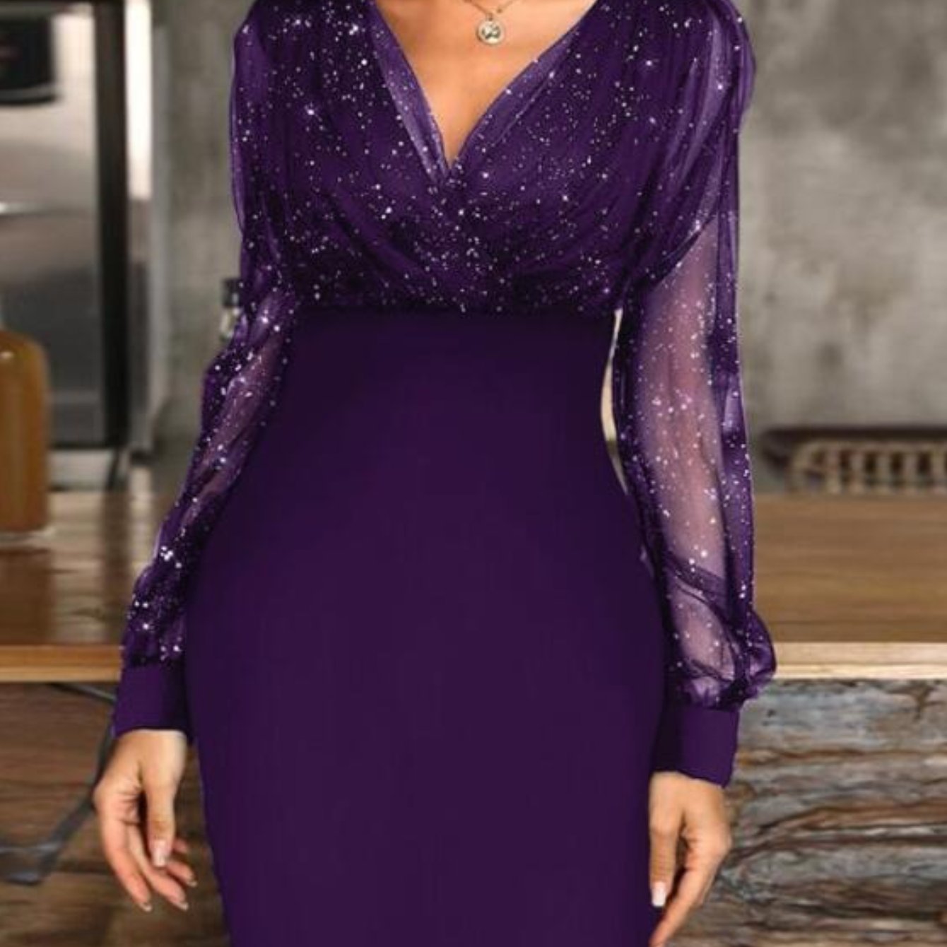 HERTALK Mesh V-Neck Sequin Dress, Slim-Fit And Sexy