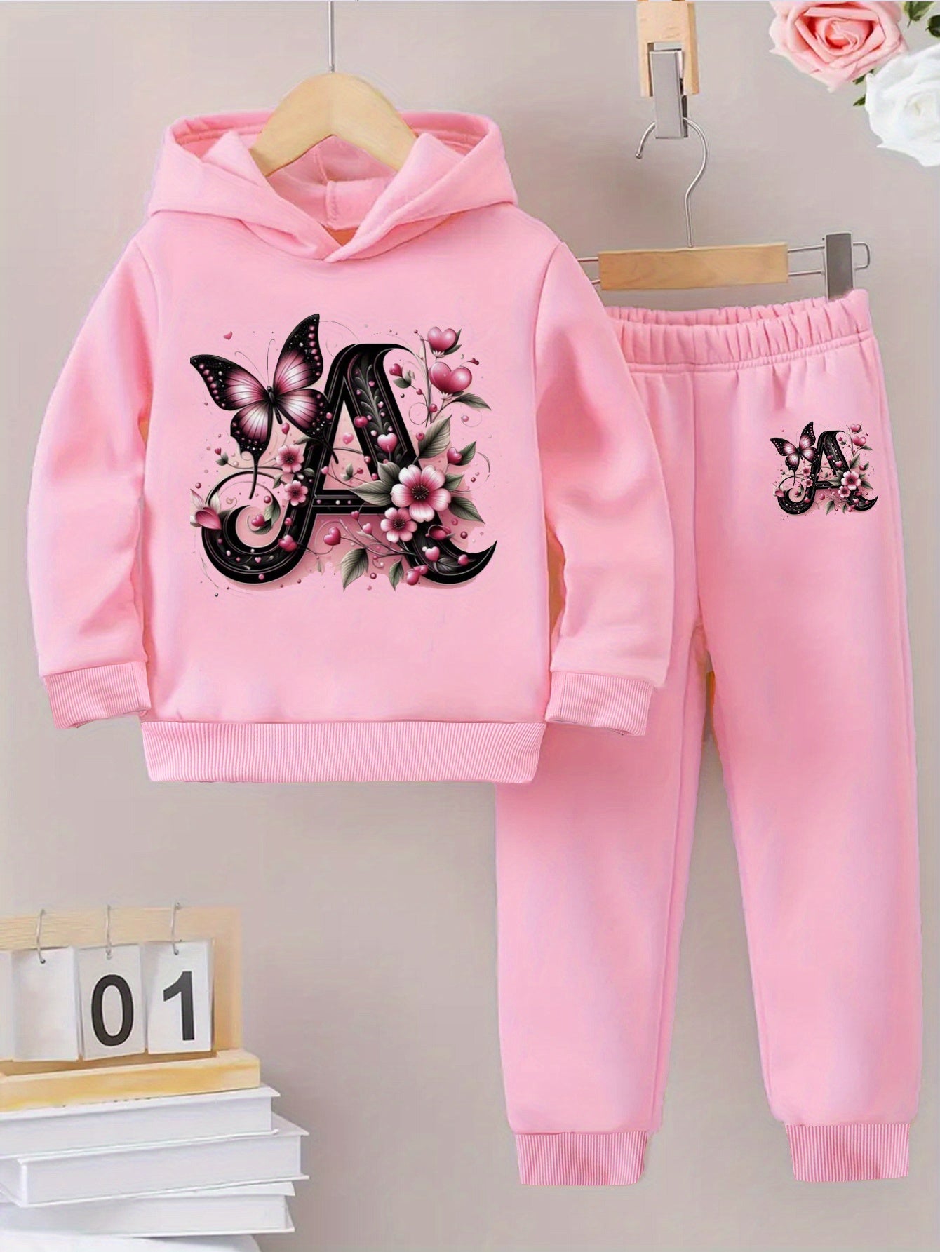 Toddler Girl Love Bear Print Hoodie Set, Autumn/ Winter, for Outdoor