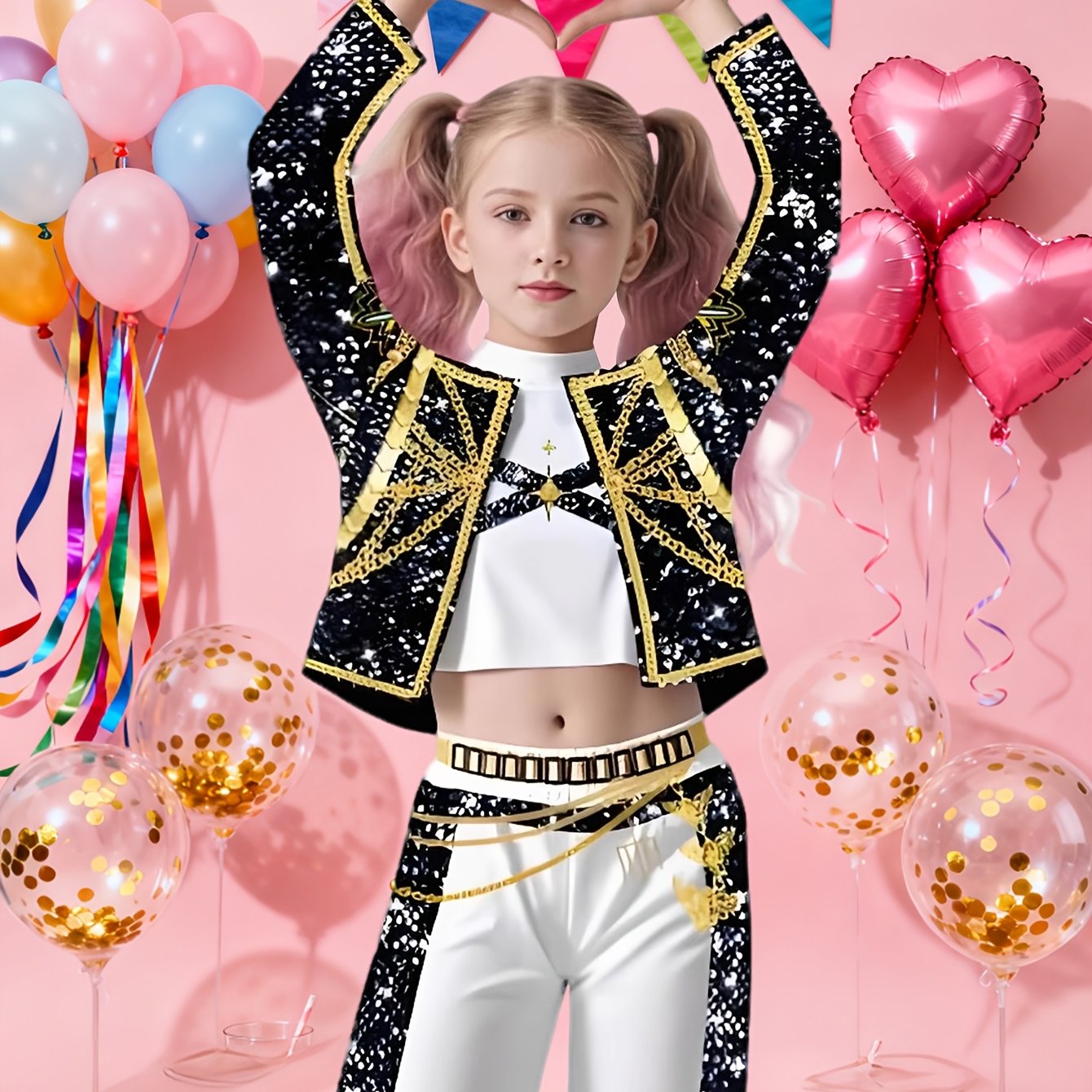 3pcs Set "Pop Singer" Outfit Set, Including Shiny Golden Jacket, Skirt, and Heart Balloon Accessories- Slim-Fit Short Sleeve Set, Suitable for Birthday Performances, Halloween, Christmas Concerts, and Photography, Perfect for