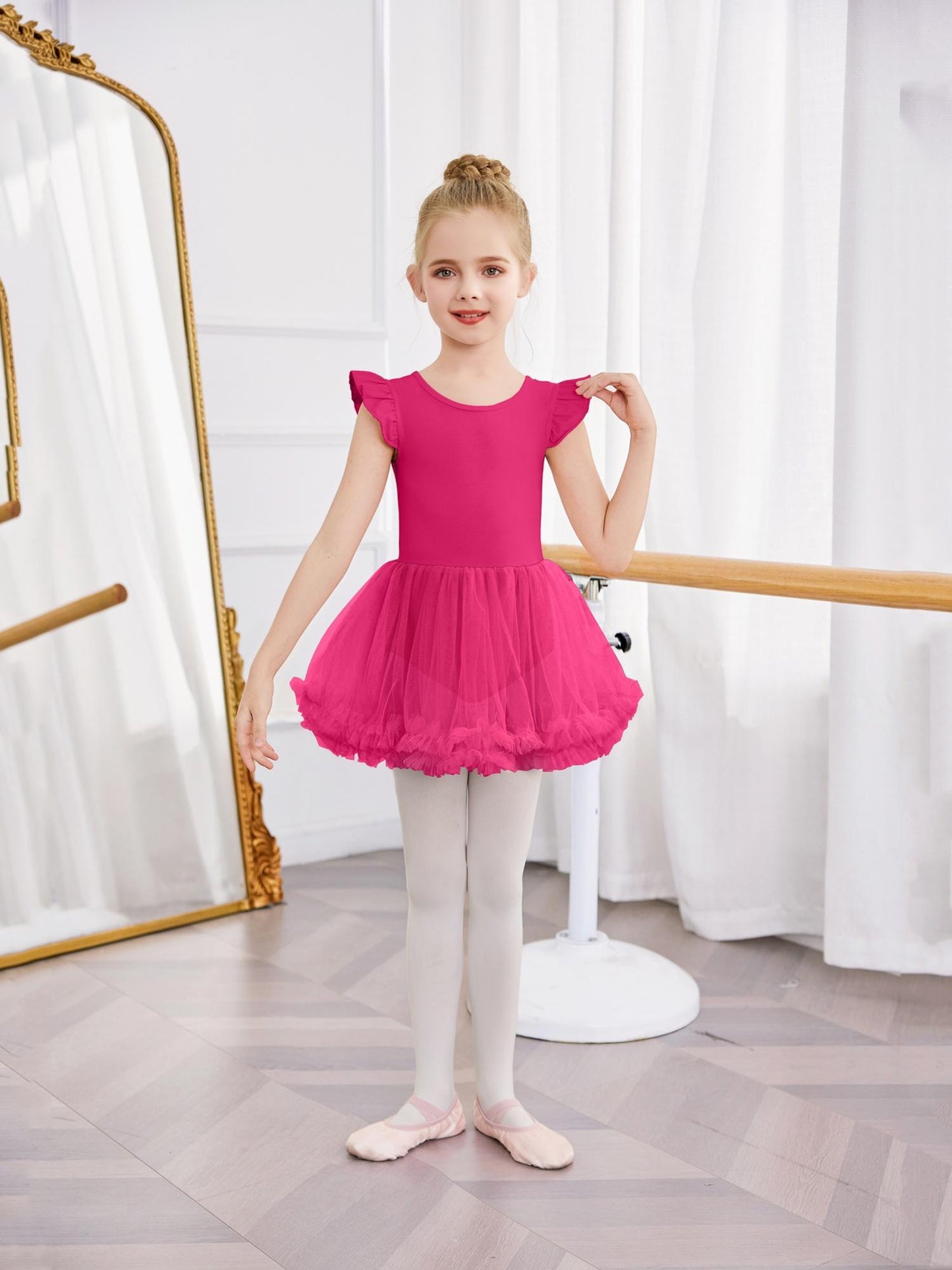 Girls' Ballet Tutu Dance Dress with Cross-Back Design & Ruffled Sleeves - White A-Line Leotard for Ballet, Gymnastics, Recitals - All-Season Comfort, Round Neck, Solid Color, Ballet Dress, Gymnastics Attire, Elegant Dancewear
