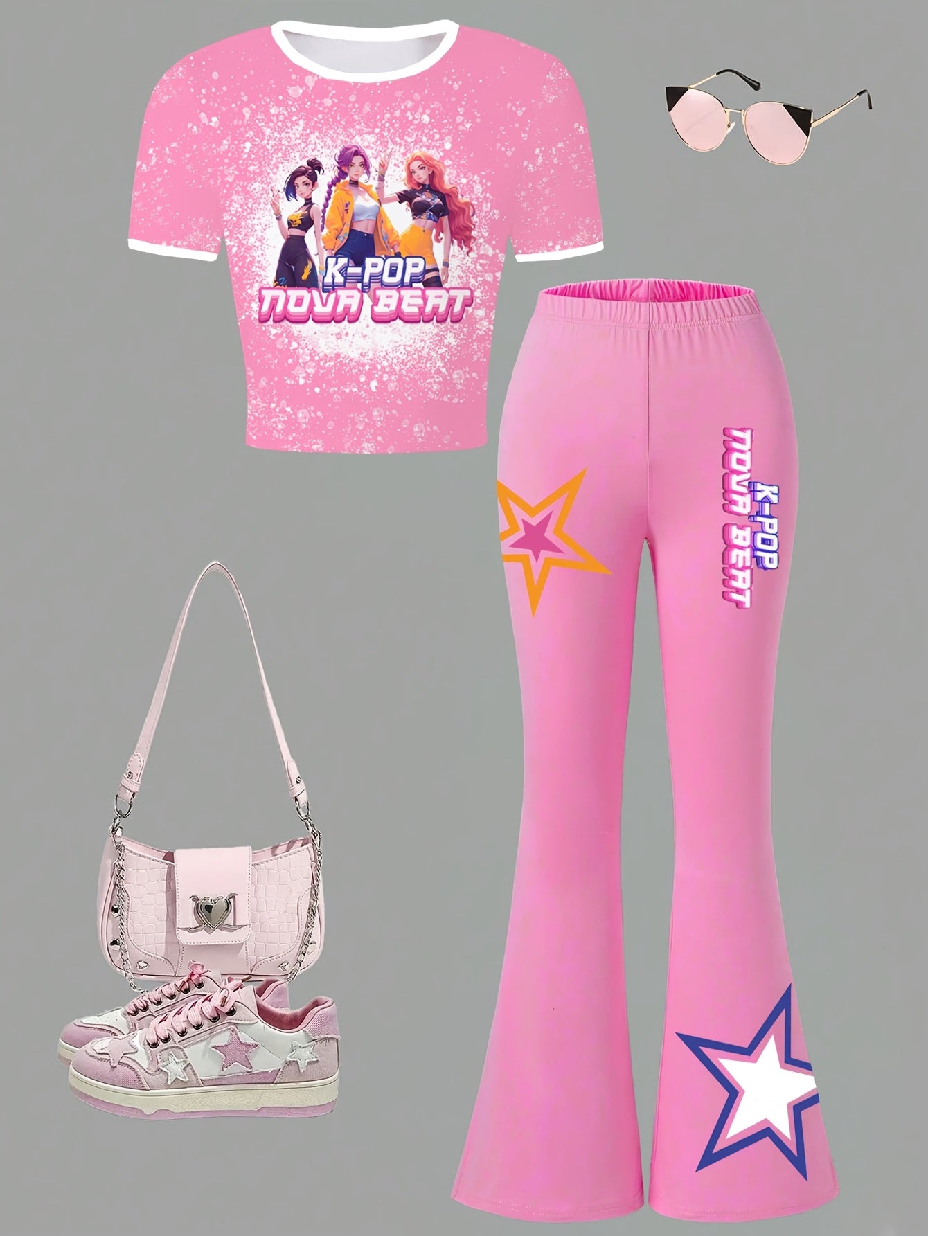 Girls Cartoon Print T Shirt And Slim Flared Pants Set