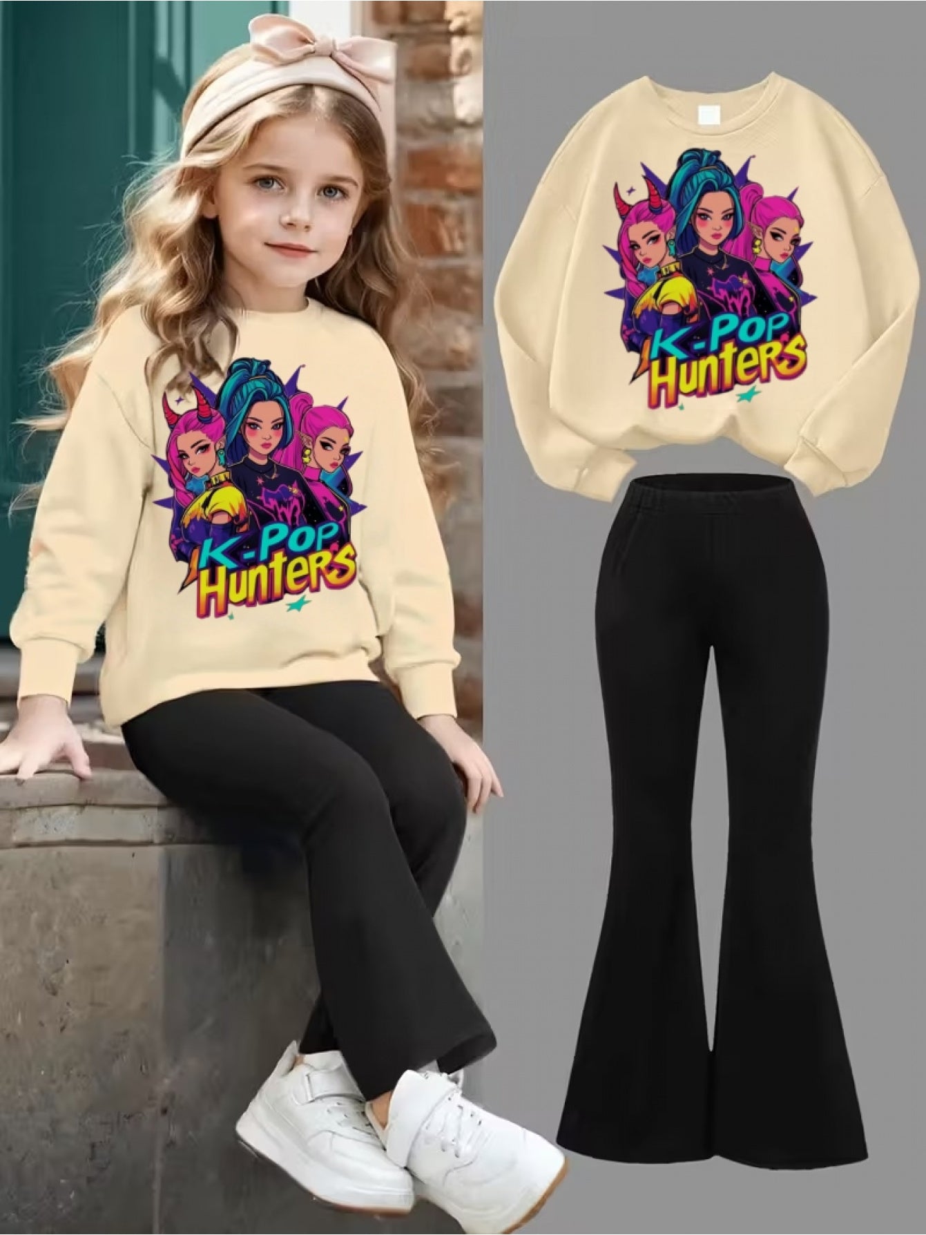 Two Piece Girls Sweatshirt And Flared Pants Set With 3D Printed KPOP Pattern For Ages 3-12 Polyester Machine Washable