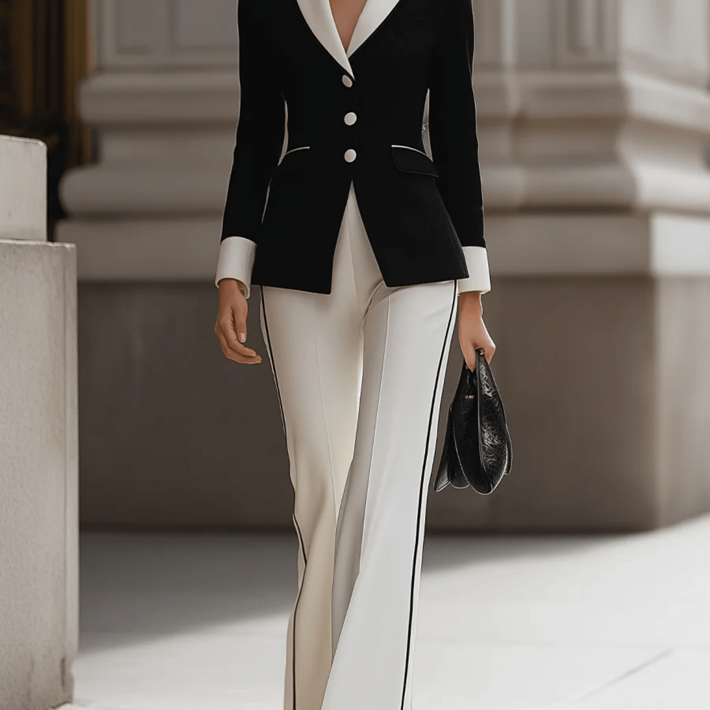 Sophisticated Black And White Suit Ensemble for Fall And Winter, Featuring a Blazer with a Contrasting Collar And Flared Pants, Ideal for Professional Gatherings.